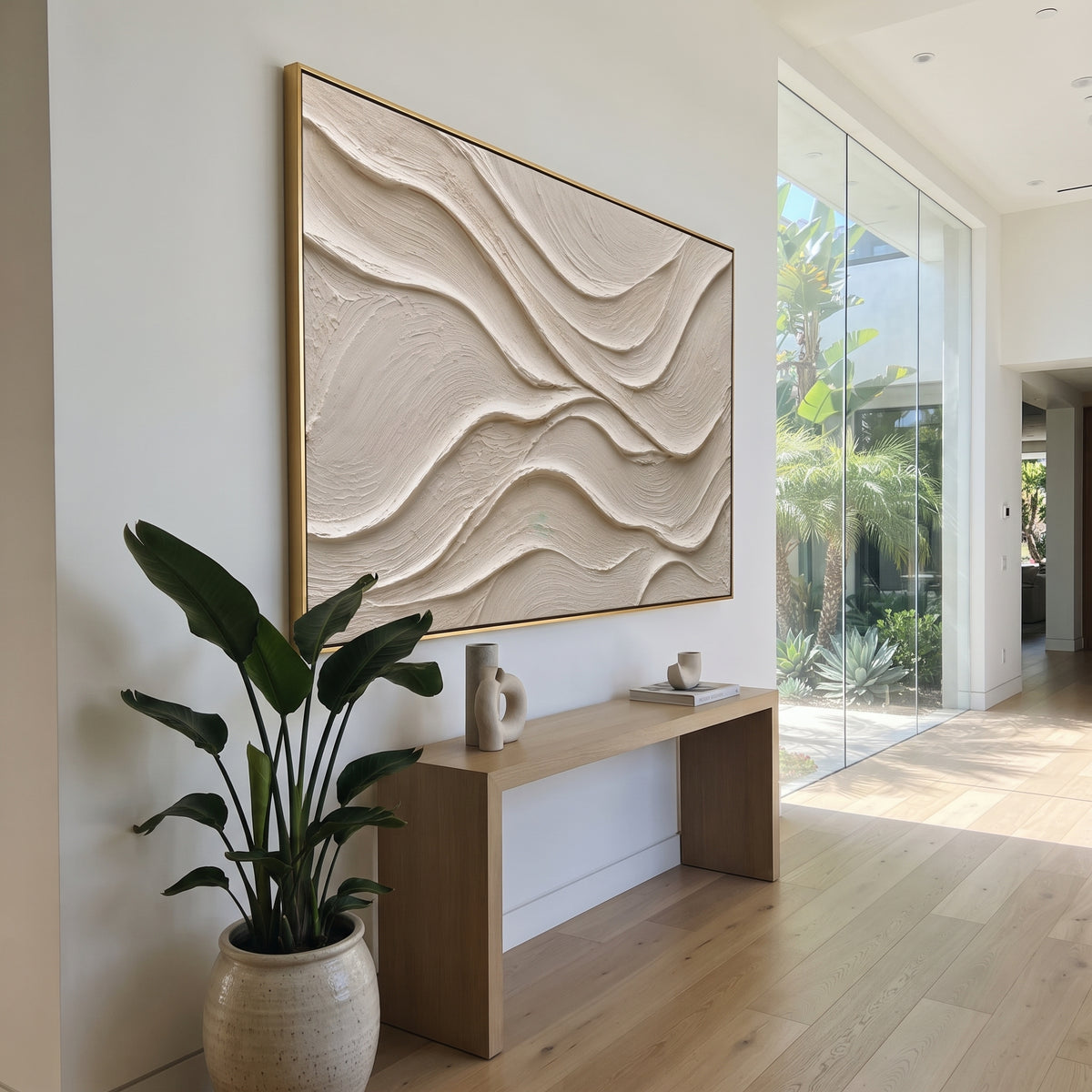 White Flowing Plaster Relief focuses on this hand-painted textured canvas features soft monochrome plaster waves, flowing carved ridges, ivory surface texture, and quiet sculptural movement. The composition is described from the actual main image, so the visible subject, color balance, spacing, and surface movement stay specific to this product instead of reading like a batch title. Raised palette-knife layers, sculpted impasto ridges, softened brush transitions, and tactile handmade texture