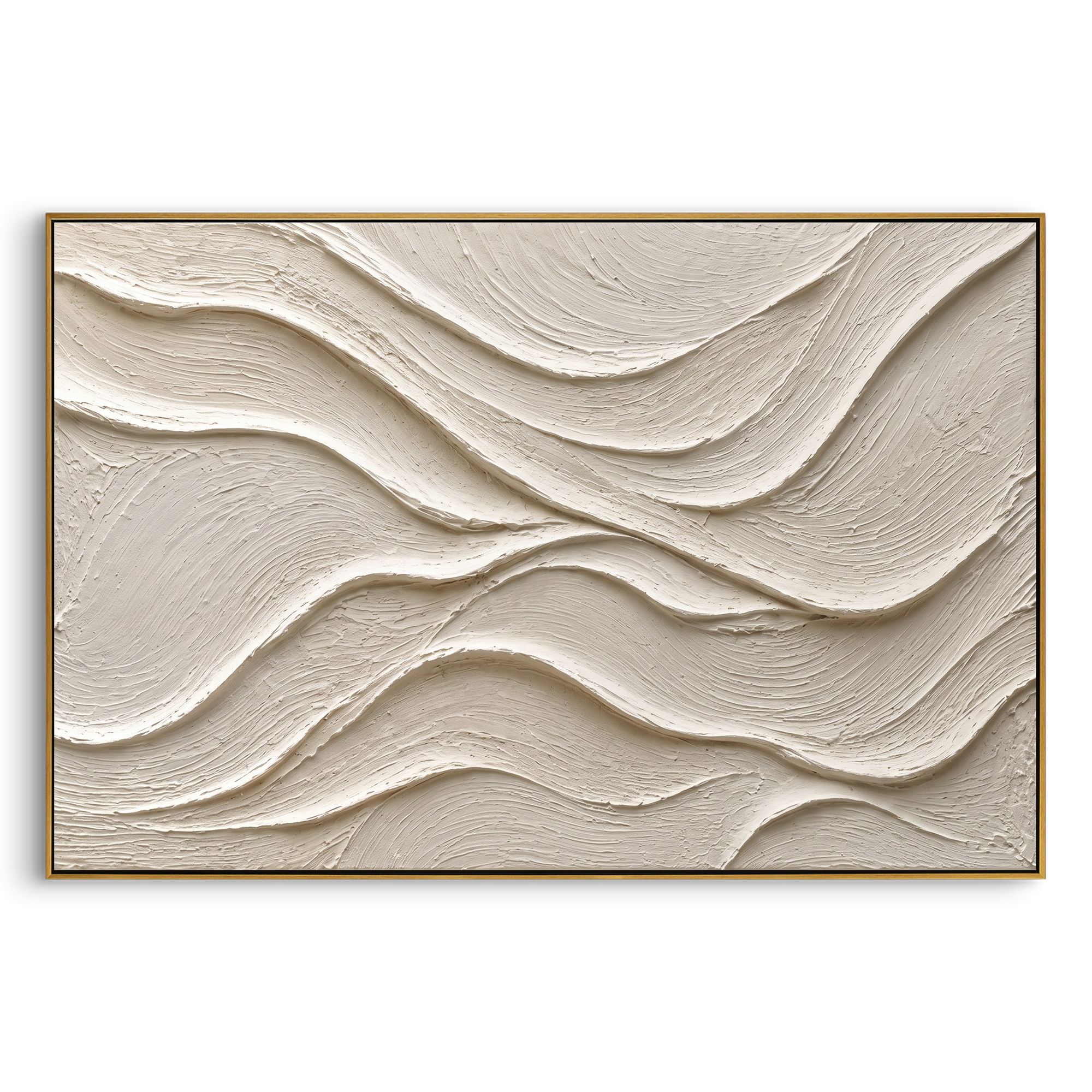 White Flowing Plaster Relief focuses on this hand-painted textured canvas features soft monochrome plaster waves, flowing carved ridges, ivory surface texture, and quiet sculptural movement. The composition is described from the actual main image, so the visible subject, color balance, spacing, and surface movement stay specific to this product instead of reading like a batch title. Raised palette-knife layers, sculpted impasto ridges, softened brush transitions, and tactile handmade texture