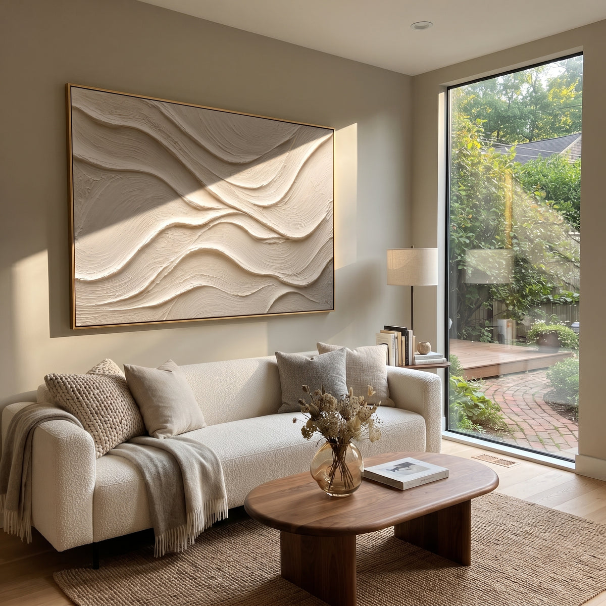 White Flowing Plaster Relief focuses on this hand-painted textured canvas features soft monochrome plaster waves, flowing carved ridges, ivory surface texture, and quiet sculptural movement. The composition is described from the actual main image, so the visible subject, color balance, spacing, and surface movement stay specific to this product instead of reading like a batch title. Raised palette-knife layers, sculpted impasto ridges, softened brush transitions, and tactile handmade texture