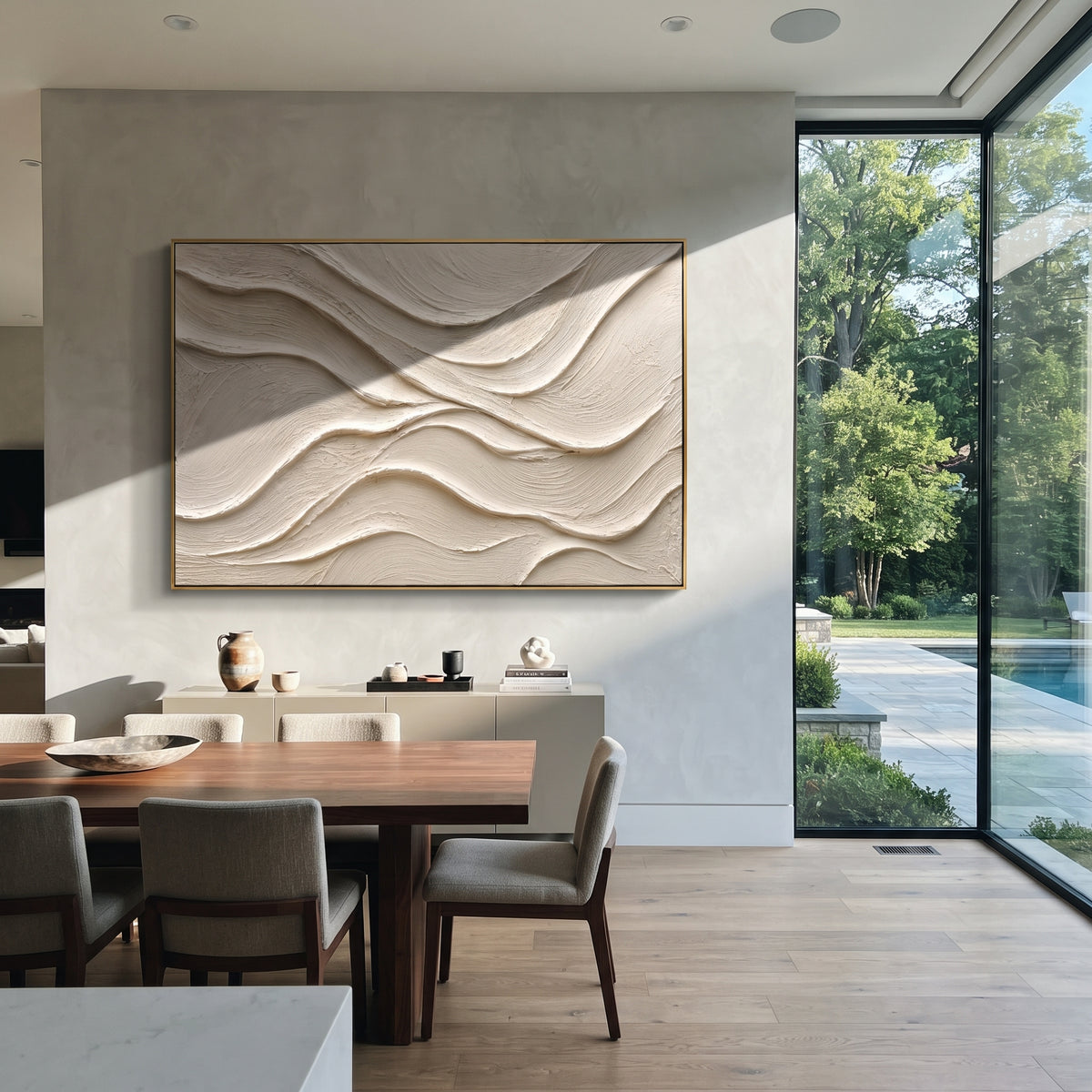 White Flowing Plaster Relief focuses on this hand-painted textured canvas features soft monochrome plaster waves, flowing carved ridges, ivory surface texture, and quiet sculptural movement. The composition is described from the actual main image, so the visible subject, color balance, spacing, and surface movement stay specific to this product instead of reading like a batch title. Raised palette-knife layers, sculpted impasto ridges, softened brush transitions, and tactile handmade texture