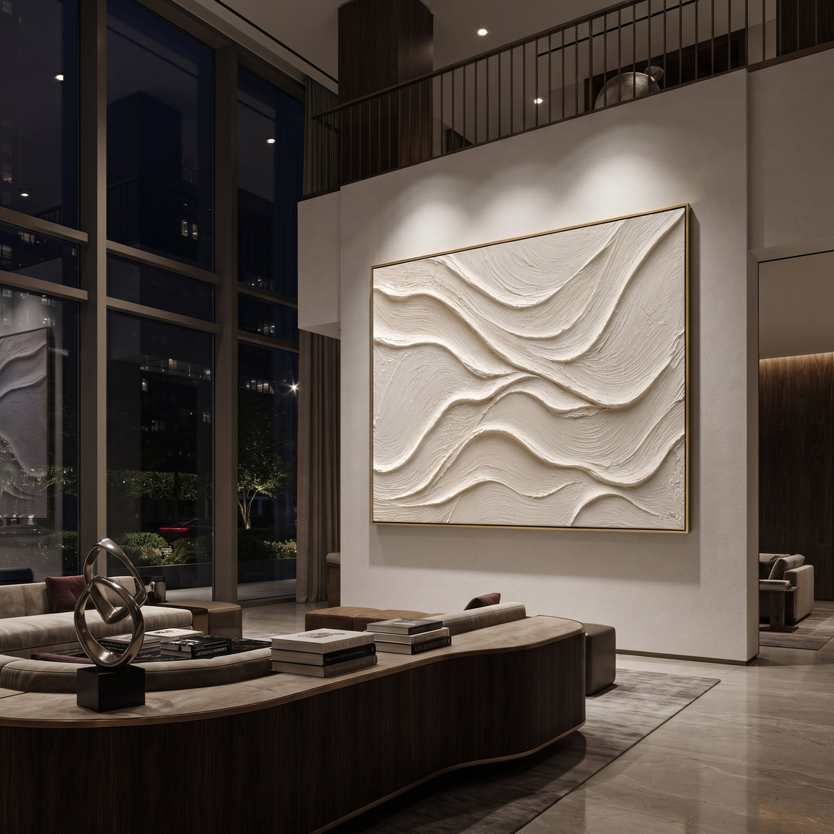 White Flowing Plaster Relief focuses on this hand-painted textured canvas features soft monochrome plaster waves, flowing carved ridges, ivory surface texture, and quiet sculptural movement. The composition is described from the actual main image, so the visible subject, color balance, spacing, and surface movement stay specific to this product instead of reading like a batch title. Raised palette-knife layers, sculpted impasto ridges, softened brush transitions, and tactile handmade texture