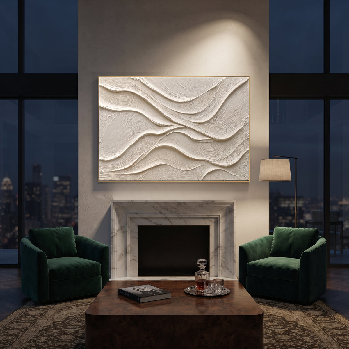 White Flowing Plaster Relief focuses on this hand-painted textured canvas features soft monochrome plaster waves, flowing carved ridges, ivory surface texture, and quiet sculptural movement. The composition is described from the actual main image, so the visible subject, color balance, spacing, and surface movement stay specific to this product instead of reading like a batch title. Raised palette-knife layers, sculpted impasto ridges, softened brush transitions, and tactile handmade texture