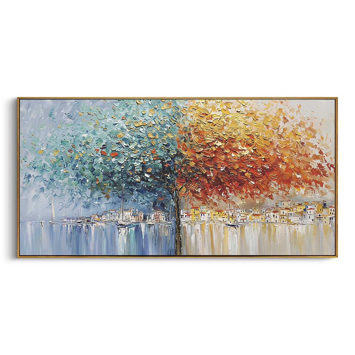 "Autumn Harbor Tree Impasto" - Modern Heavy Impasto Botanical Tree Artwork | Orange & Blue Palette Knife Painting | Luxury Horizontal Wall Art #PT 1730