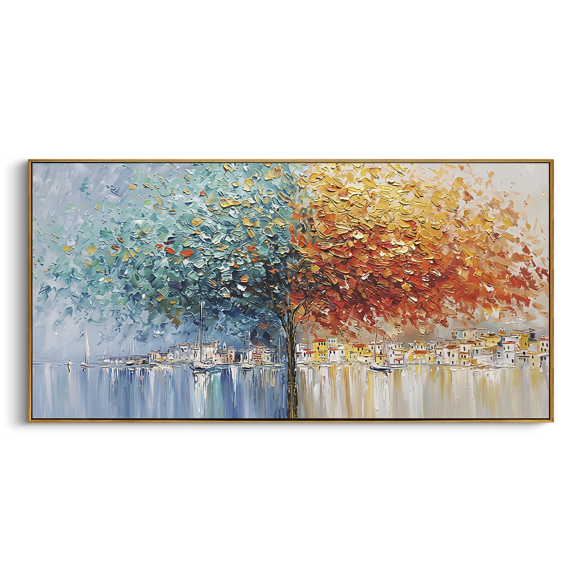 Autumn Harbor Tree Impasto focuses on this hand-painted textured canvas features a vivid autumn tree over a waterfront town, small sailboats, reflected harbor light, blue foliage, orange leaves, and thick impasto color. The composition is described from the actual main image, so the visible subject, color balance, spacing, and surface movement stay specific to this product instead of reading like a batch title. Raised palette-knife layers, sculpted impasto ridges, softened brush transitions, and