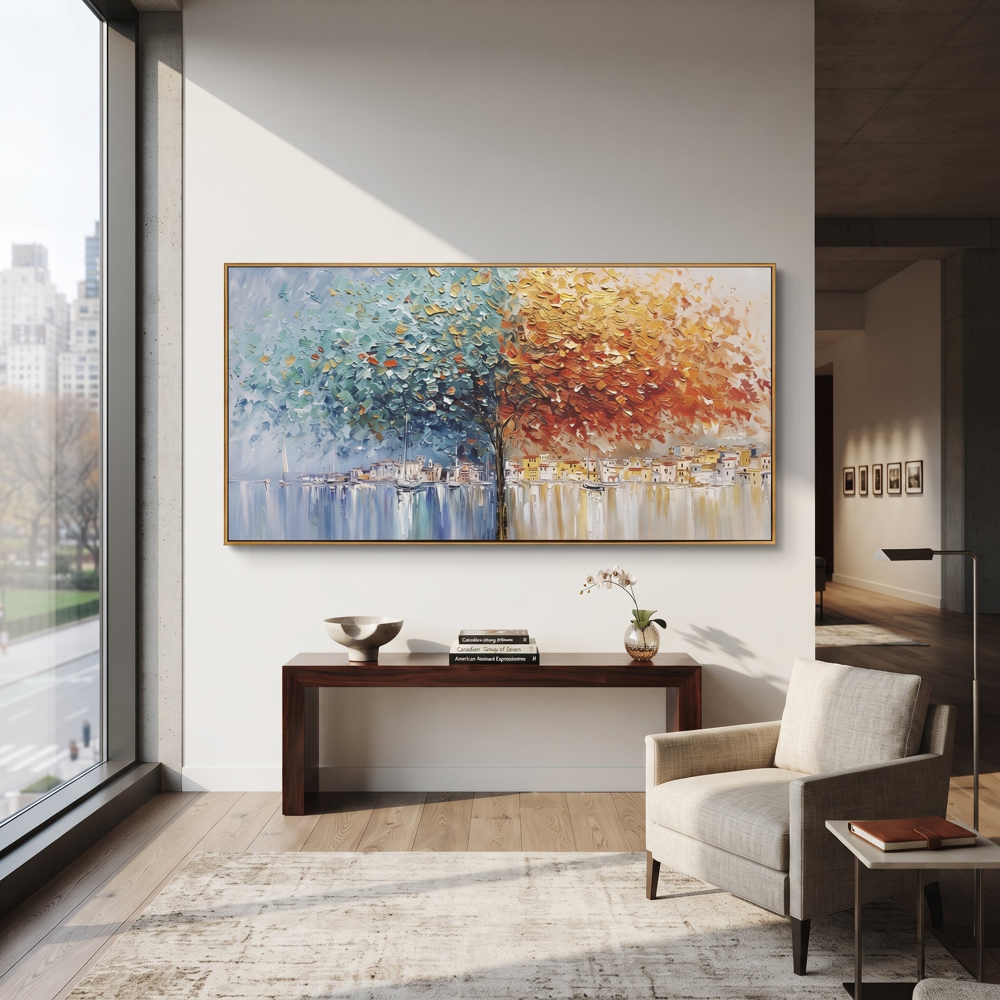 Autumn Harbor Tree Impasto focuses on this hand-painted textured canvas features a vivid autumn tree over a waterfront town, small sailboats, reflected harbor light, blue foliage, orange leaves, and thick impasto color. The composition is described from the actual main image, so the visible subject, color balance, spacing, and surface movement stay specific to this product instead of reading like a batch title. Raised palette-knife layers, sculpted impasto ridges, softened brush transitions, and