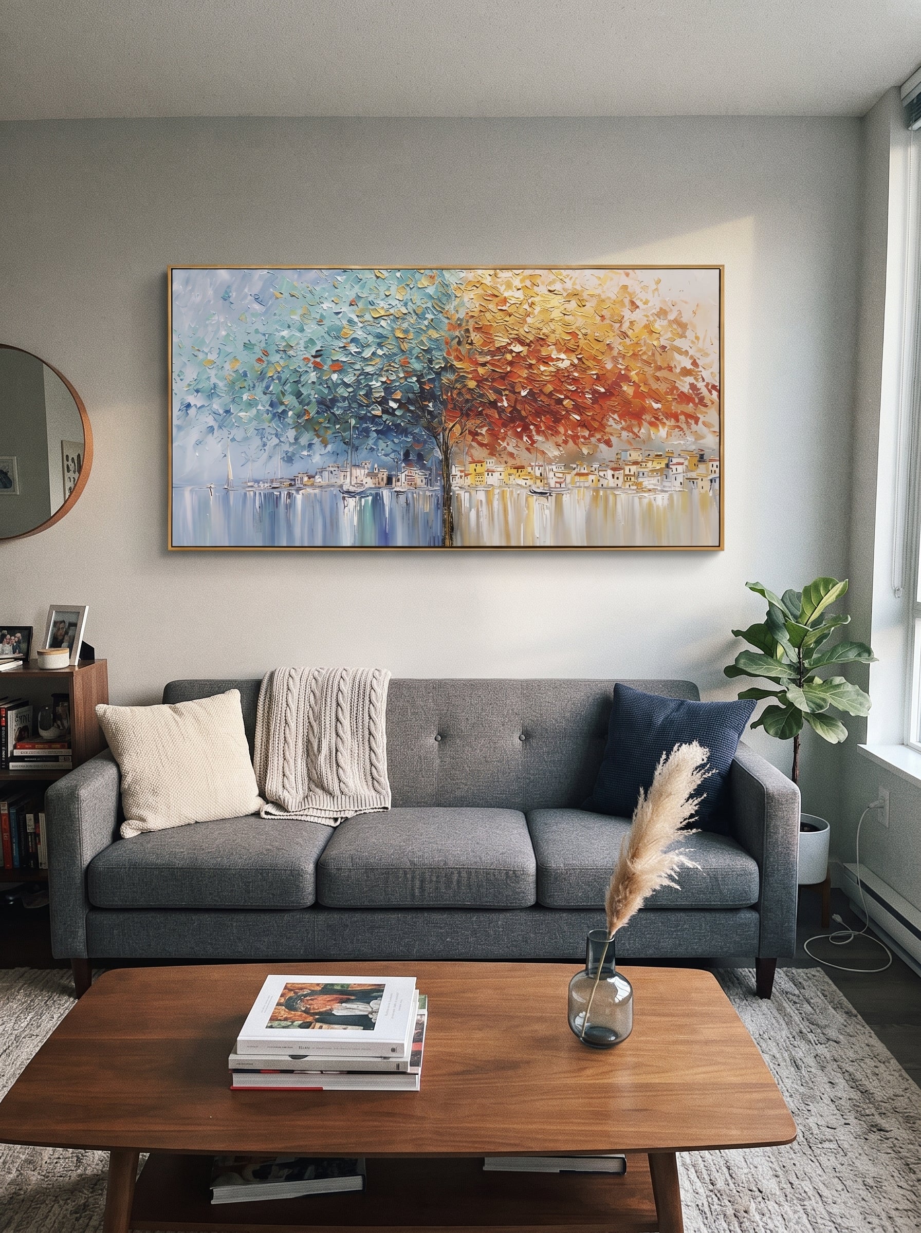 Autumn Harbor Tree Impasto focuses on this hand-painted textured canvas features a vivid autumn tree over a waterfront town, small sailboats, reflected harbor light, blue foliage, orange leaves, and thick impasto color. The composition is described from the actual main image, so the visible subject, color balance, spacing, and surface movement stay specific to this product instead of reading like a batch title. Raised palette-knife layers, sculpted impasto ridges, softened brush transitions, and
