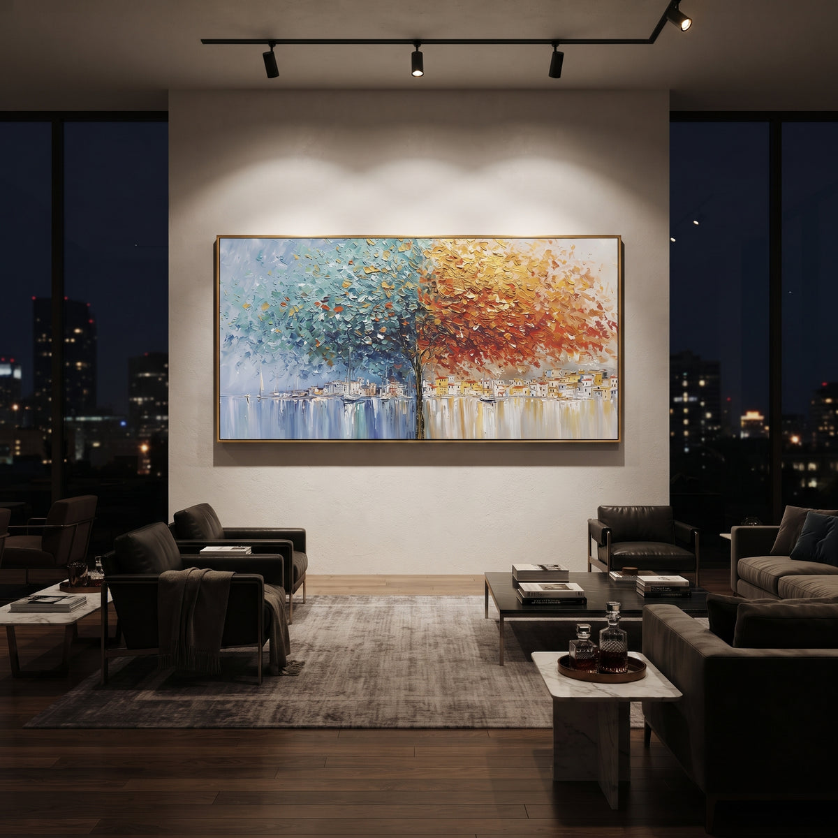 Autumn Harbor Tree Impasto focuses on this hand-painted textured canvas features a vivid autumn tree over a waterfront town, small sailboats, reflected harbor light, blue foliage, orange leaves, and thick impasto color. The composition is described from the actual main image, so the visible subject, color balance, spacing, and surface movement stay specific to this product instead of reading like a batch title. Raised palette-knife layers, sculpted impasto ridges, softened brush transitions, and