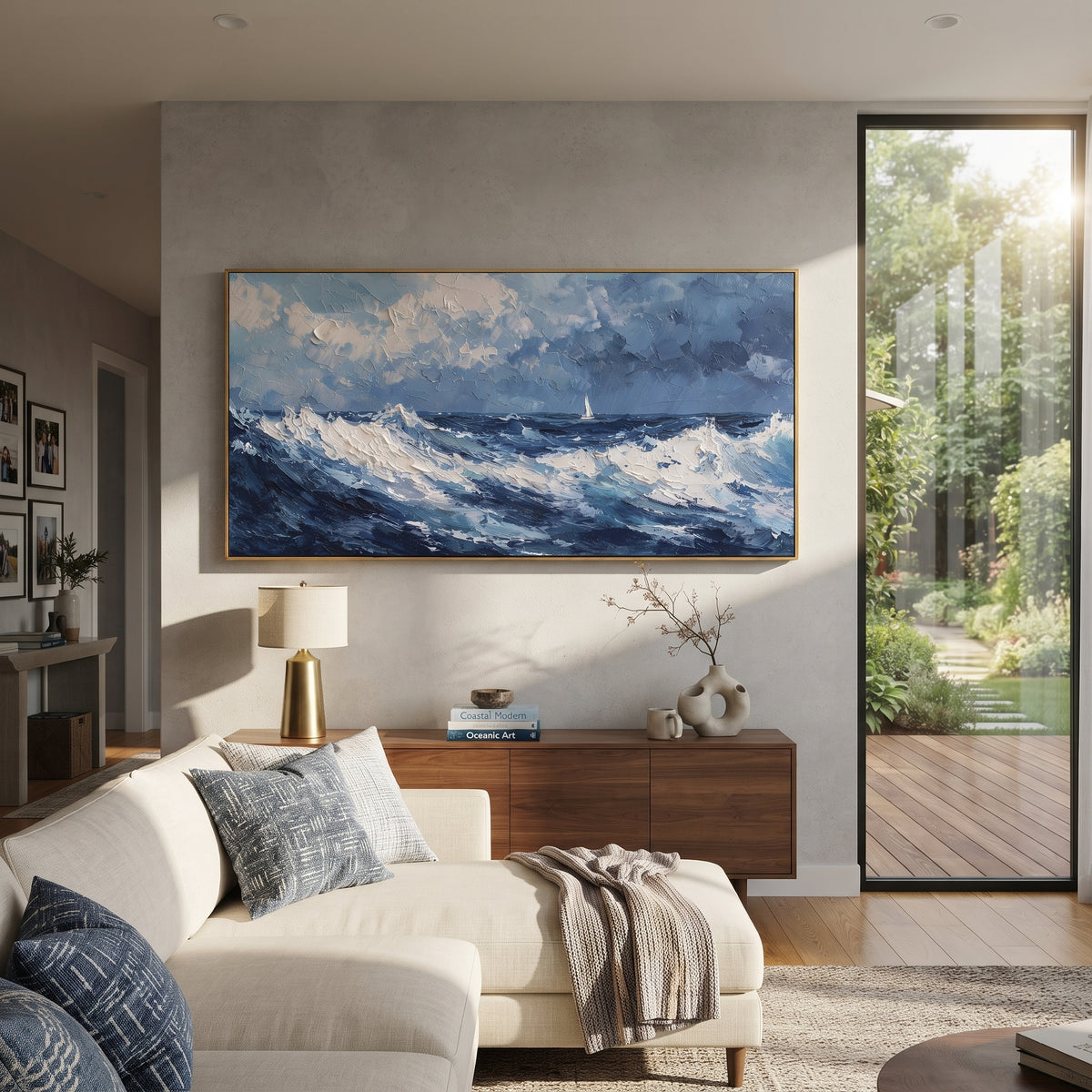 Sailboat Storm Wave Relief focuses on this hand-painted textured canvas features rough blue ocean waves, a small white sailboat on the horizon, heavy foamy crests, and textured cloudy sky. The composition is described from the actual main image, so the visible subject, color balance, spacing, and surface movement stay specific to this product instead of reading like a batch title. Raised palette-knife layers, sculpted impasto ridges, softened brush transitions, and tactile handmade texture give