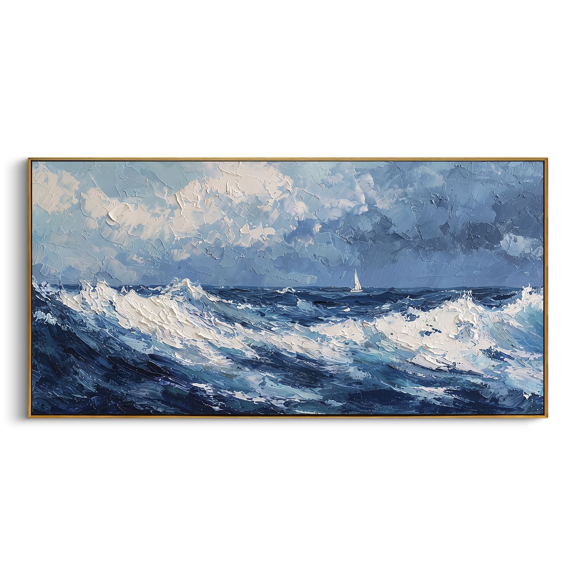 Sailboat Storm Wave Relief focuses on this hand-painted textured canvas features rough blue ocean waves, a small white sailboat on the horizon, heavy foamy crests, and textured cloudy sky. The composition is described from the actual main image, so the visible subject, color balance, spacing, and surface movement stay specific to this product instead of reading like a batch title. Raised palette-knife layers, sculpted impasto ridges, softened brush transitions, and tactile handmade texture give