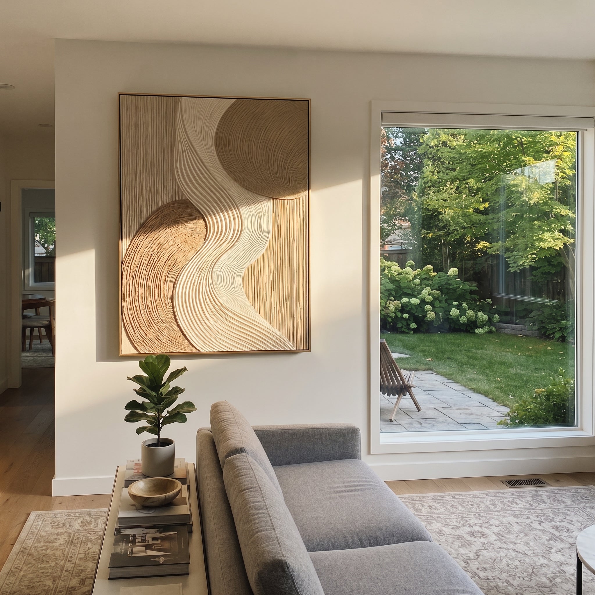 Neutral S Curve Ribbed Relief focuses on this hand-painted textured canvas features a flowing S-curve ribbed plaster band, layered tan and ivory fields, rounded brown forms, and woven geometric surface texture. The composition is described from the actual main image, so the visible subject, color balance, spacing, and surface movement stay specific to this product instead of reading like a batch title. Raised palette-knife layers, sculpted impasto ridges, softened brush transitions, and tactile