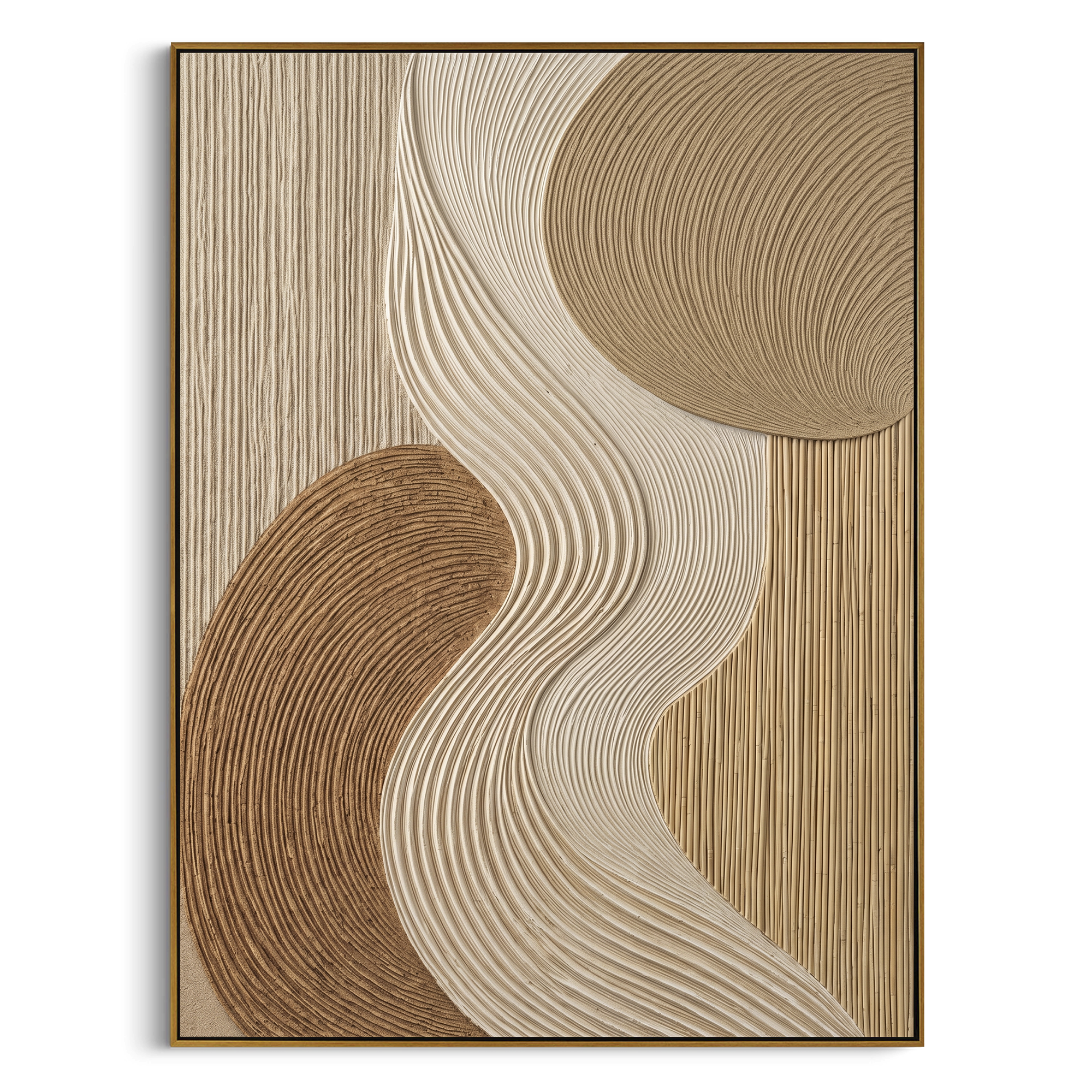 Neutral S Curve Ribbed Relief focuses on this hand-painted textured canvas features a flowing S-curve ribbed plaster band, layered tan and ivory fields, rounded brown forms, and woven geometric surface texture. The composition is described from the actual main image, so the visible subject, color balance, spacing, and surface movement stay specific to this product instead of reading like a batch title. Raised palette-knife layers, sculpted impasto ridges, softened brush transitions, and tactile