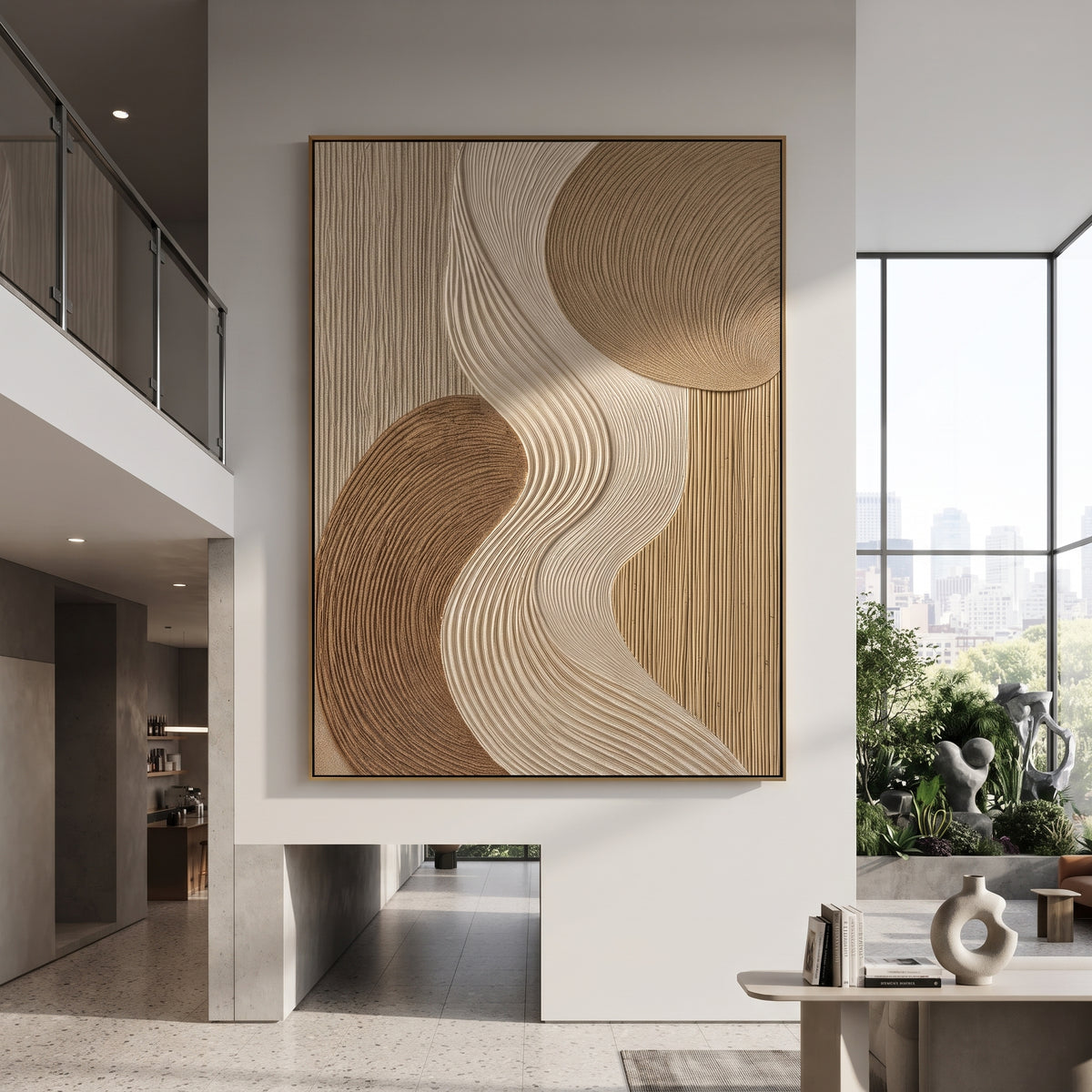 Neutral S Curve Ribbed Relief focuses on this hand-painted textured canvas features a flowing S-curve ribbed plaster band, layered tan and ivory fields, rounded brown forms, and woven geometric surface texture. The composition is described from the actual main image, so the visible subject, color balance, spacing, and surface movement stay specific to this product instead of reading like a batch title. Raised palette-knife layers, sculpted impasto ridges, softened brush transitions, and tactile