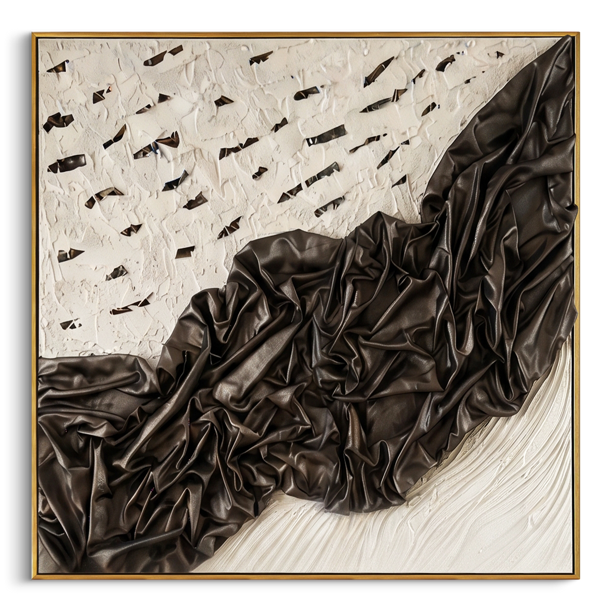 Black Draped Plaster Relief focuses on this hand-painted textured canvas features a dramatic black folded drapery form across a white plaster ground, scattered dark cutout marks, and sculptural fabric-like relief. The composition is described from the actual main image, so the visible subject, color balance, spacing, and surface movement stay specific to this product instead of reading like a batch title. Raised palette-knife layers, sculpted impasto ridges, softened brush transitions, and