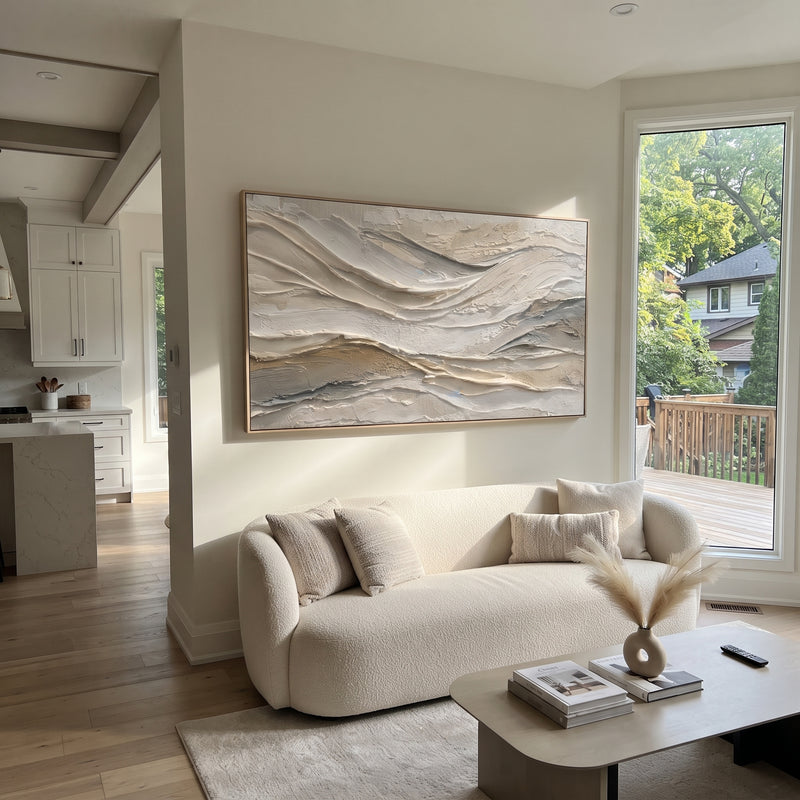 "Soft White Ridge Relief" - Modern Heavy Impasto Landscape Artwork | White & Beige Palette Knife Painting | Luxury Horizontal Wall Art #PT 1735