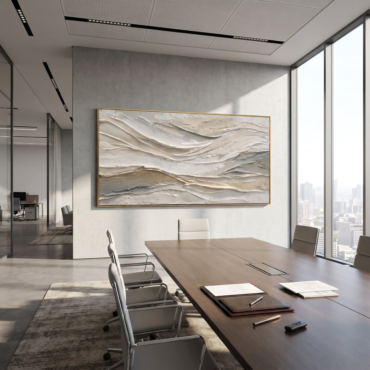 Soft White Ridge Relief focuses on this hand-painted textured canvas features layered white and beige ridges, soft horizontal plaster waves, subtle grey shadows, and quiet carved surface movement. The composition is described from the actual main image, so the visible subject, color balance, spacing, and surface movement stay specific to this product instead of reading like a batch title. Raised palette-knife layers, sculpted impasto ridges, softened brush transitions, and tactile handmade
