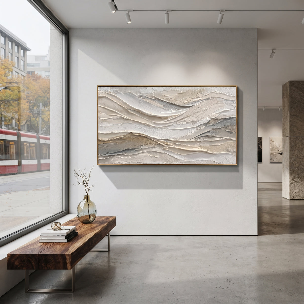 Soft White Ridge Relief focuses on this hand-painted textured canvas features layered white and beige ridges, soft horizontal plaster waves, subtle grey shadows, and quiet carved surface movement. The composition is described from the actual main image, so the visible subject, color balance, spacing, and surface movement stay specific to this product instead of reading like a batch title. Raised palette-knife layers, sculpted impasto ridges, softened brush transitions, and tactile handmade