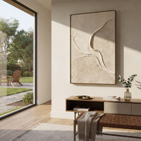 Neutral Curved Plaster Relief focuses on this hand-painted textured canvas features a pale abstract composition with broad curved raised forms, fine scraped plaster texture, and warm neutral mineral depth. The composition is described from the actual main image, so the visible subject, color balance, spacing, and surface movement stay specific to this product instead of reading like a batch title. Raised palette-knife layers, sculpted impasto ridges, softened brush transitions, and tactile