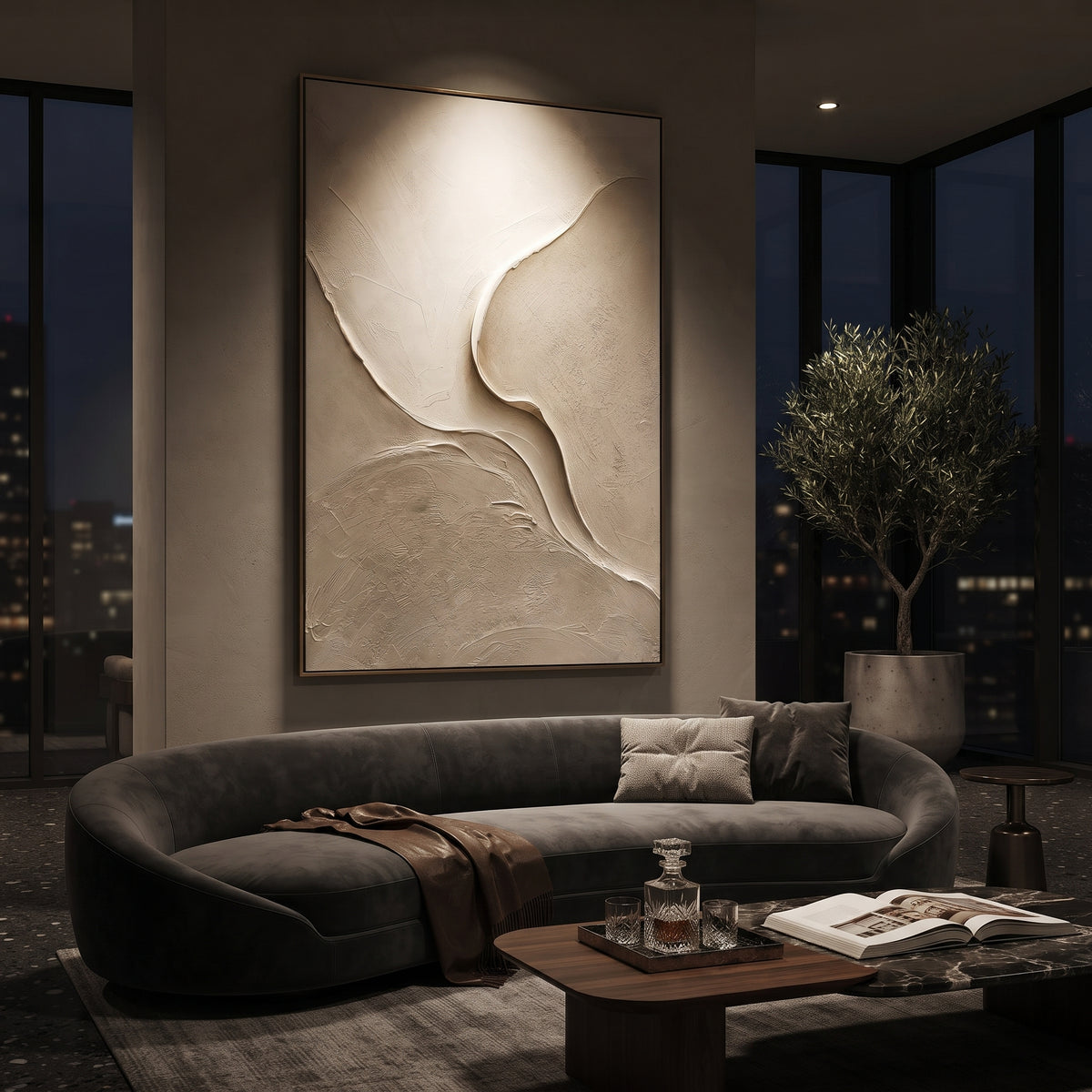 Neutral Curved Plaster Relief focuses on this hand-painted textured canvas features a pale abstract composition with broad curved raised forms, fine scraped plaster texture, and warm neutral mineral depth. The composition is described from the actual main image, so the visible subject, color balance, spacing, and surface movement stay specific to this product instead of reading like a batch title. Raised palette-knife layers, sculpted impasto ridges, softened brush transitions, and tactile