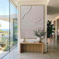 White Grid Tile Relief focuses on this hand-painted textured canvas features a square grid of raised and woven white plaster tiles, ribbed block details, and soft monochrome architectural texture. The composition is described from the actual main image, so the visible subject, color balance, spacing, and surface movement stay specific to this product instead of reading like a batch title. Raised palette-knife layers, sculpted impasto ridges, softened brush transitions, and tactile handmade