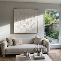 White Layered Wave Relief focuses on this hand-painted textured canvas features vertical white plaster layers, ribbed raised folds, torn edge texture, and sculptural monochrome movement. The composition is described from the actual main image, so the visible subject, color balance, spacing, and surface movement stay specific to this product instead of reading like a batch title. Raised palette-knife layers, sculpted impasto ridges, softened brush transitions, and tactile handmade texture give