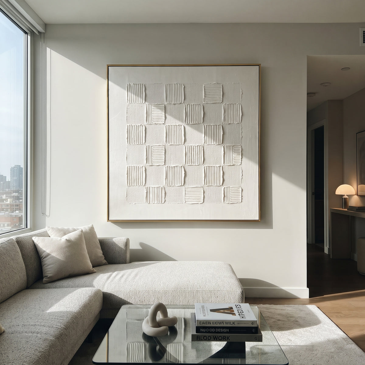 White Layered Wave Relief focuses on this hand-painted textured canvas features vertical white plaster layers, ribbed raised folds, torn edge texture, and sculptural monochrome movement. The composition is described from the actual main image, so the visible subject, color balance, spacing, and surface movement stay specific to this product instead of reading like a batch title. Raised palette-knife layers, sculpted impasto ridges, softened brush transitions, and tactile handmade texture give