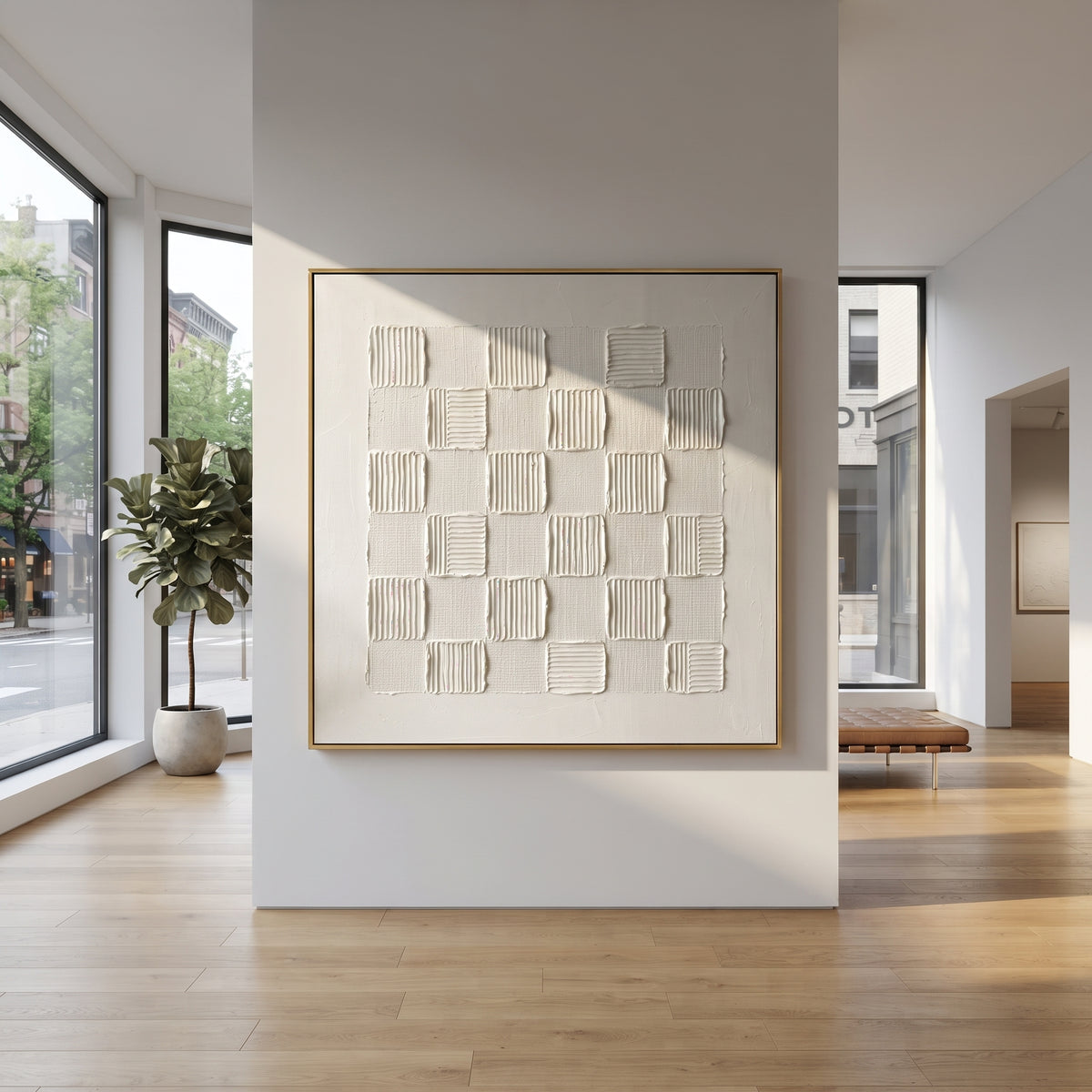 White Layered Wave Relief focuses on this hand-painted textured canvas features vertical white plaster layers, ribbed raised folds, torn edge texture, and sculptural monochrome movement. The composition is described from the actual main image, so the visible subject, color balance, spacing, and surface movement stay specific to this product instead of reading like a batch title. Raised palette-knife layers, sculpted impasto ridges, softened brush transitions, and tactile handmade texture give