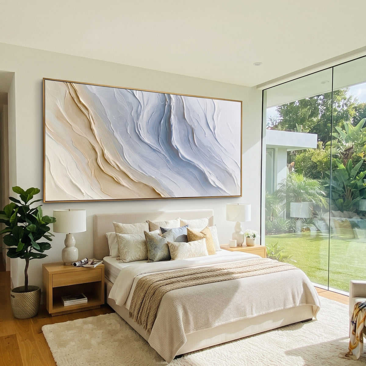 Pale Blue Abstract Wave Relief focuses on this hand-painted textured canvas features soft pale blue and beige flowing plaster waves, smooth raised ridges, and calm horizontal abstract movement. The composition is described from the actual main image, so the visible subject, color balance, spacing, and surface movement stay specific to this product instead of reading like a batch title. Raised palette-knife layers, sculpted impasto ridges, softened brush transitions, and tactile handmade texture