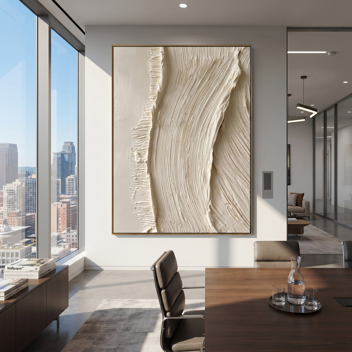 Sage Green Cresting Wave focuses on this hand-painted textured canvas features a sage green cresting wave, thick white foam, pale abstract sky shapes, and layered coastal plaster texture. The composition is described from the actual main image, so the visible subject, color balance, spacing, and surface movement stay specific to this product instead of reading like a batch title. Raised palette-knife layers, sculpted impasto ridges, softened brush transitions, and tactile handmade texture give