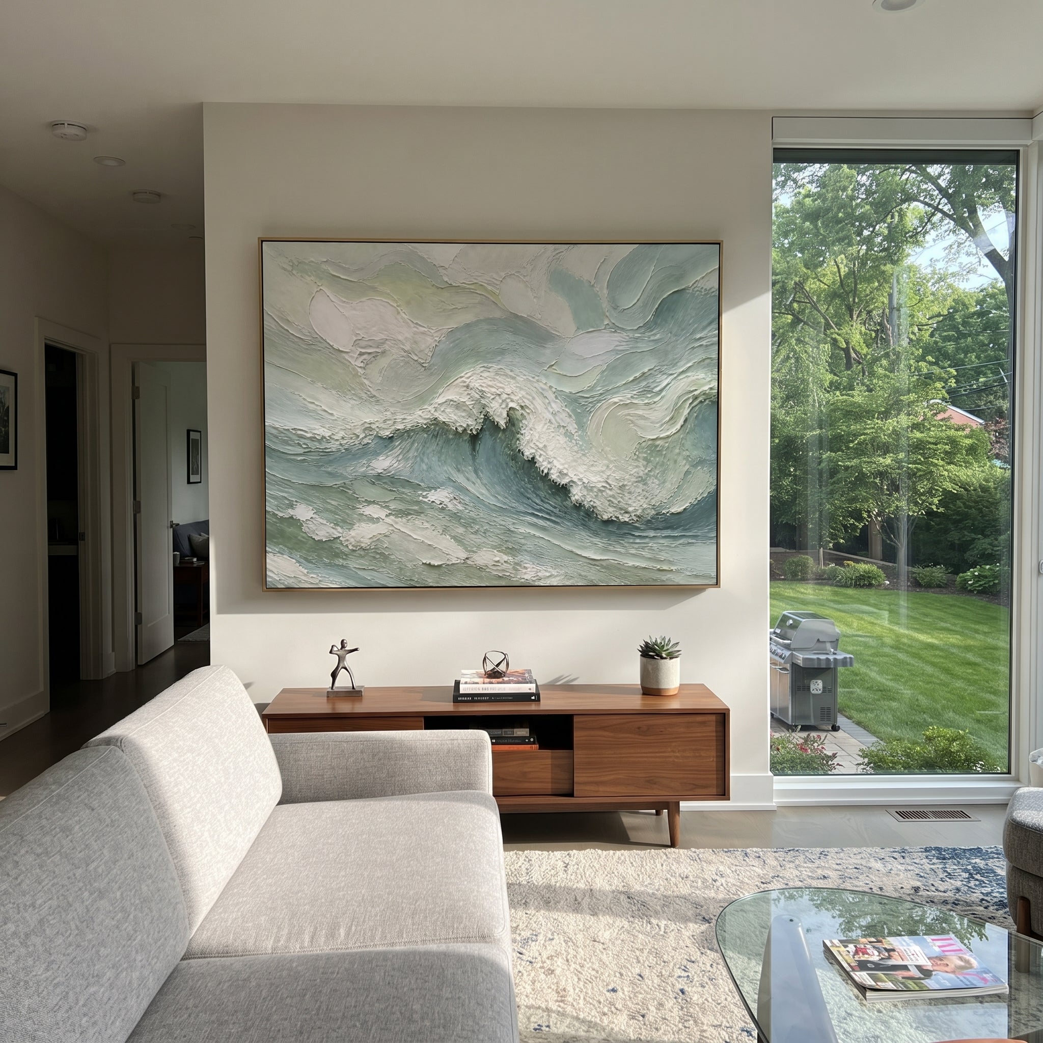 White Minimal Wave Relief focuses on this hand-painted textured canvas features monochrome white flowing wave bands, fine combed plaster texture, raised highlights, and quiet minimalist surface depth. The composition is described from the actual main image, so the visible subject, color balance, spacing, and surface movement stay specific to this product instead of reading like a batch title. Raised palette-knife layers, sculpted impasto ridges, softened brush transitions, and tactile handmade