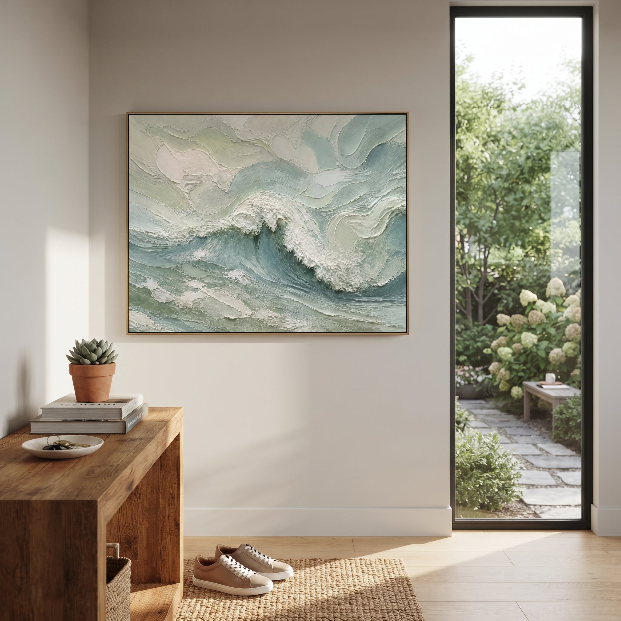 White Minimal Wave Relief focuses on this hand-painted textured canvas features monochrome white flowing wave bands, fine combed plaster texture, raised highlights, and quiet minimalist surface depth. The composition is described from the actual main image, so the visible subject, color balance, spacing, and surface movement stay specific to this product instead of reading like a batch title. Raised palette-knife layers, sculpted impasto ridges, softened brush transitions, and tactile handmade