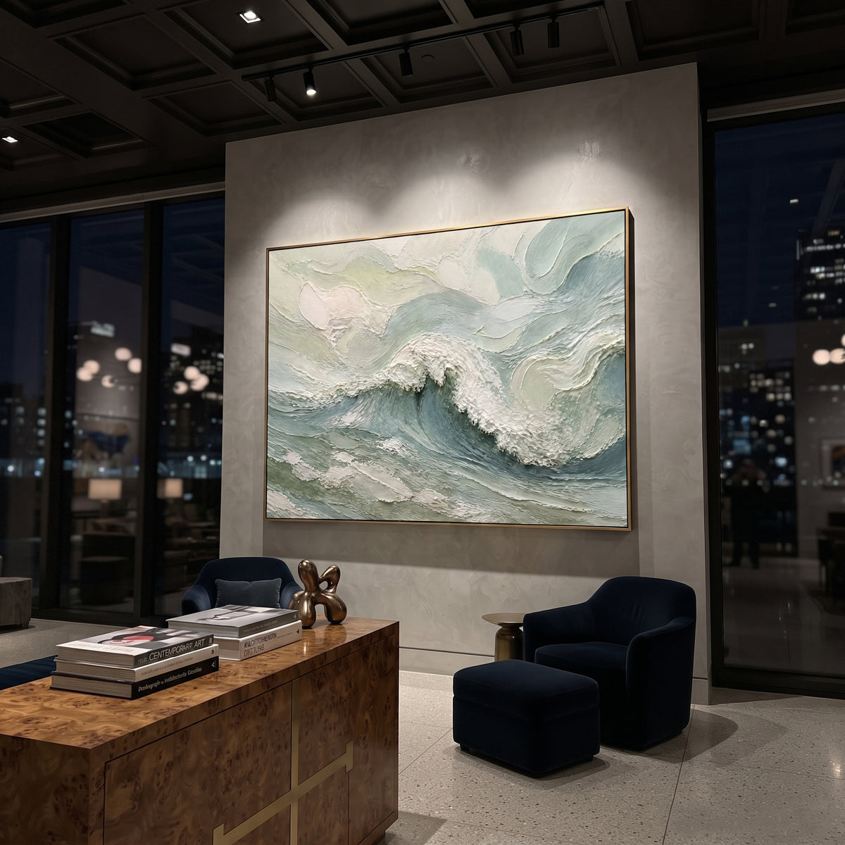 White Minimal Wave Relief focuses on this hand-painted textured canvas features monochrome white flowing wave bands, fine combed plaster texture, raised highlights, and quiet minimalist surface depth. The composition is described from the actual main image, so the visible subject, color balance, spacing, and surface movement stay specific to this product instead of reading like a batch title. Raised palette-knife layers, sculpted impasto ridges, softened brush transitions, and tactile handmade