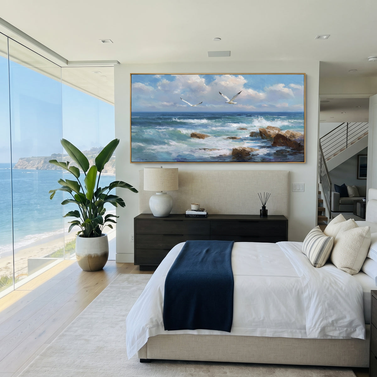 Seagull Rocky Coast focuses on this hand-painted textured canvas features two seagulls over a rocky blue coastline, foamy surf, bright sky, and thick palette-knife coastal texture. The composition is described from the actual main image, so the visible subject, color balance, spacing, and surface movement stay specific to this product instead of reading like a batch title. Raised palette-knife layers, sculpted impasto ridges, softened brush transitions, and tactile handmade texture give the