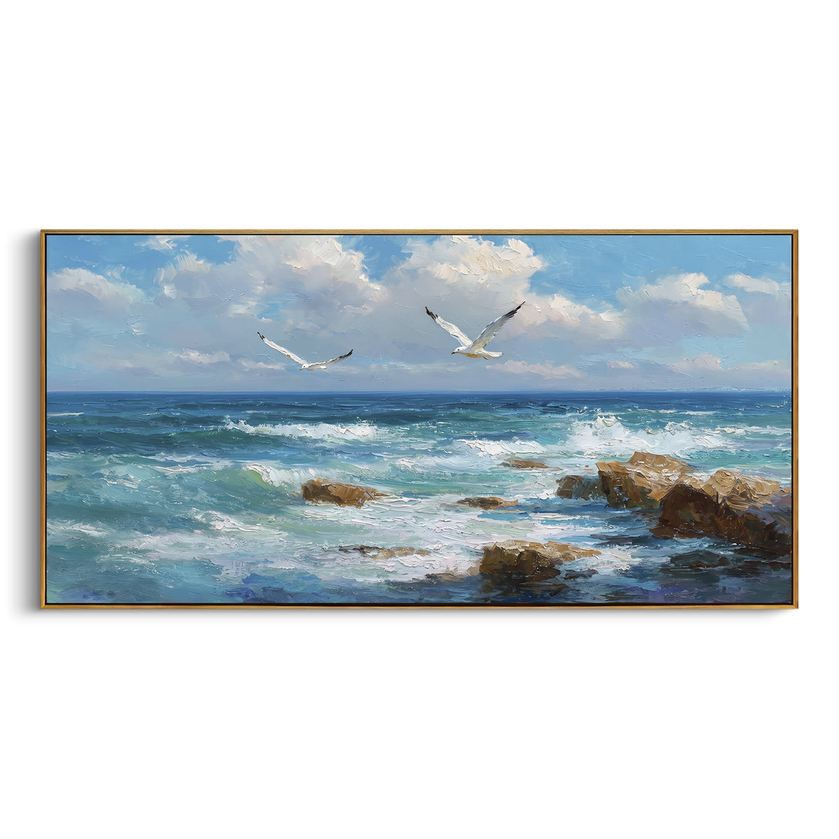 "Seagull Rocky Coast" - Modern Heavy Impasto Ocean Wave Seascape | Blue & White Palette Knife Painting | Luxury Horizontal Wall Art #PT 1742