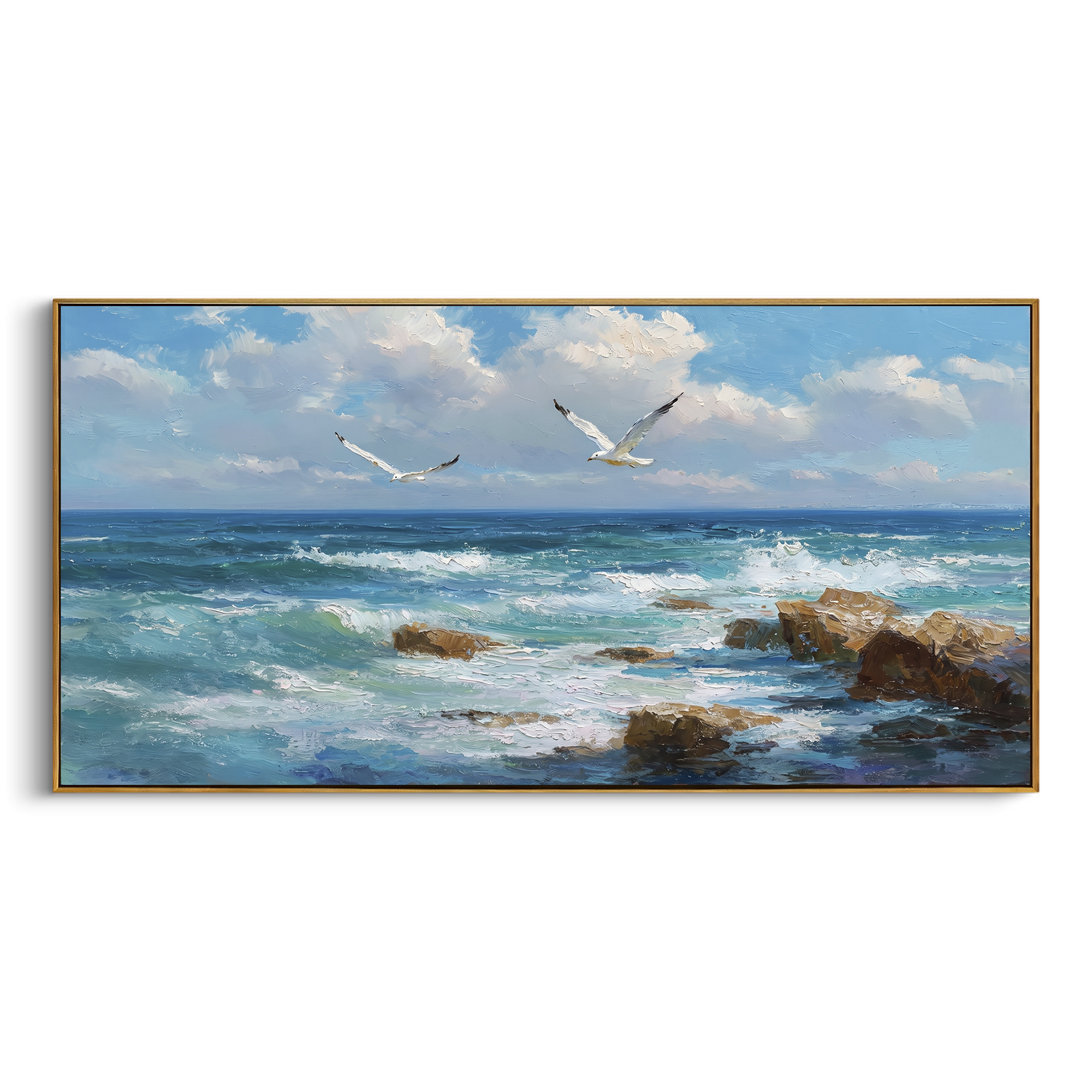 Seagull Rocky Coast focuses on this hand-painted textured canvas features two seagulls over a rocky blue coastline, foamy surf, bright sky, and thick palette-knife coastal texture. The composition is described from the actual main image, so the visible subject, color balance, spacing, and surface movement stay specific to this product instead of reading like a batch title. Raised palette-knife layers, sculpted impasto ridges, softened brush transitions, and tactile handmade texture give the