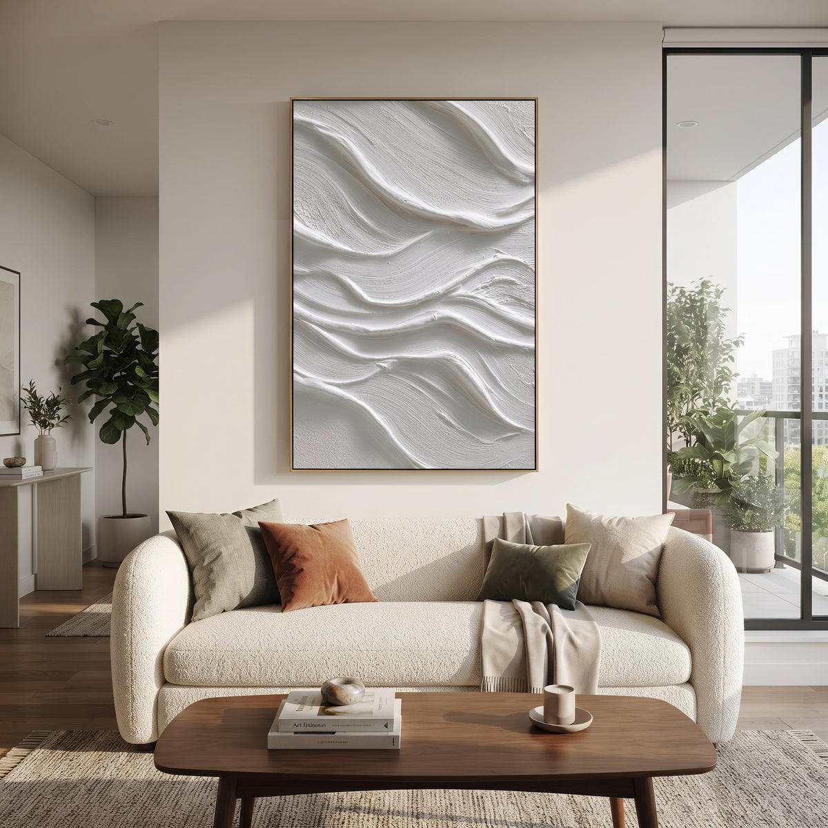 White Flowing Ridge Relief focuses on this hand-painted textured canvas features soft white raised ridges, flowing sculptural bands, fine combed texture, and serene monochrome plaster movement. The composition is described from the actual main image, so the visible subject, color balance, spacing, and surface movement stay specific to this product instead of reading like a batch title. Raised palette-knife layers, sculpted impasto ridges, softened brush transitions, and tactile handmade texture
