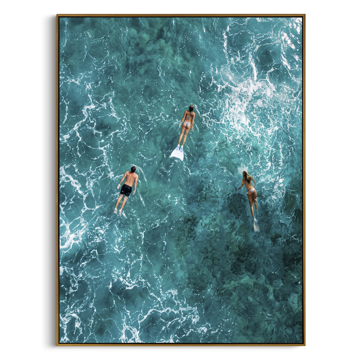 Aerial Blue Swimmers Seascape focuses on this hand-painted textured canvas features aerial turquoise ocean water, white foam tracery, three swimmers with fins, and deep teal underwater movement. The composition is described from the actual main image, so the visible subject, color balance, spacing, and surface movement stay specific to this product instead of reading like a batch title. Raised palette-knife layers, sculpted impasto ridges, softened brush transitions, and tactile handmade texture