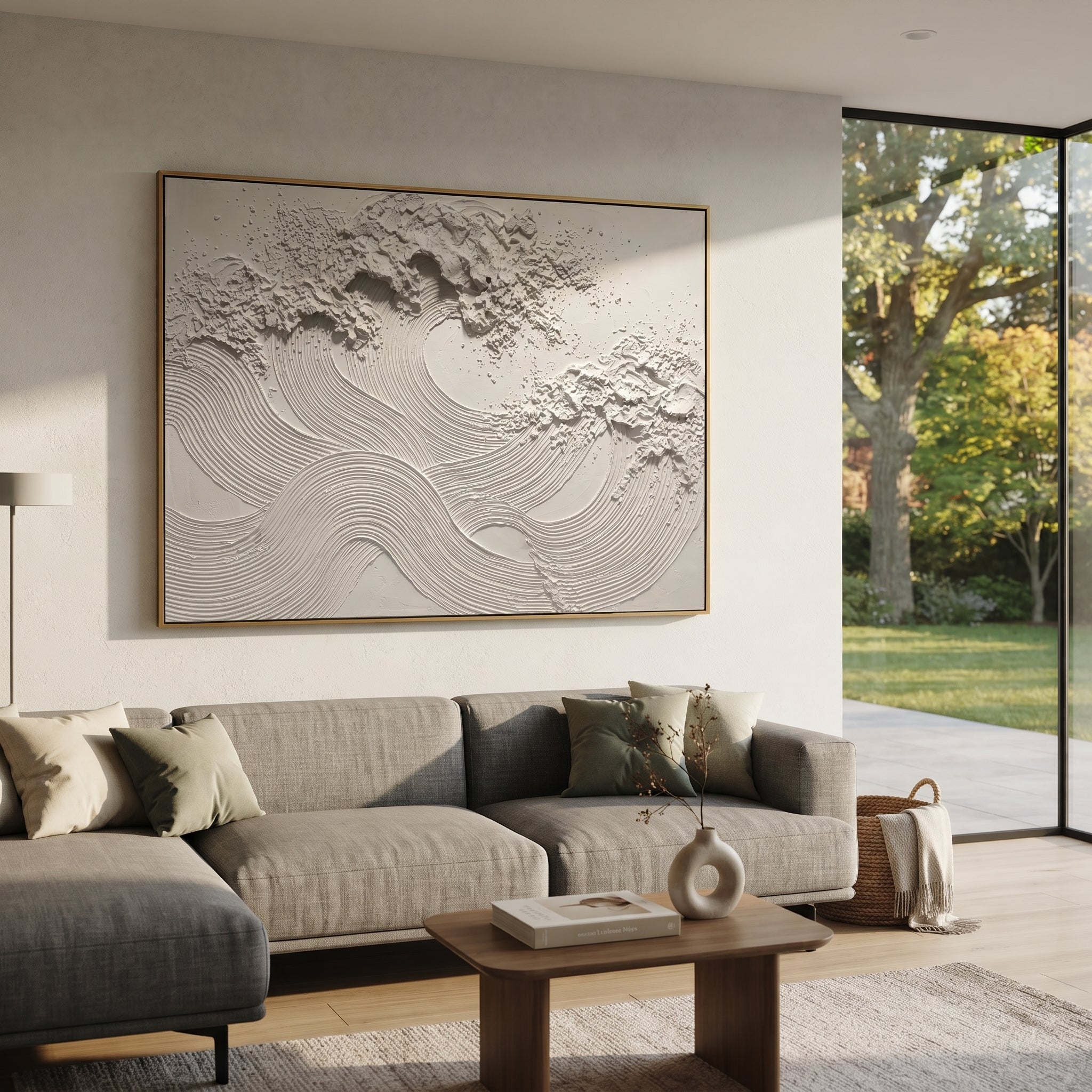 White Ripple Wave Relief focuses on this hand-painted textured canvas features monochrome white ribbed wave bands, granular plaster texture, broken raised ridges, and quiet sculptural motion. The composition is described from the actual main image, so the visible subject, color balance, spacing, and surface movement stay specific to this product instead of reading like a batch title. Raised palette-knife layers, sculpted impasto ridges, softened brush transitions, and tactile handmade texture