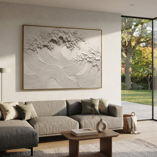 "White Ripple Wave Relief" - Modern Heavy Impasto Ocean Wave Seascape | White & Beige Palette Knife Painting | Luxury Horizontal Wall Art #PT 1745