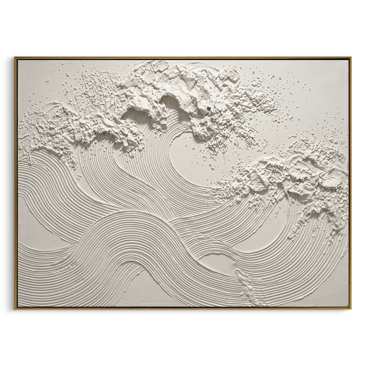 White Ripple Wave Relief focuses on this hand-painted textured canvas features monochrome white ribbed wave bands, granular plaster texture, broken raised ridges, and quiet sculptural motion. The composition is described from the actual main image, so the visible subject, color balance, spacing, and surface movement stay specific to this product instead of reading like a batch title. Raised palette-knife layers, sculpted impasto ridges, softened brush transitions, and tactile handmade texture
