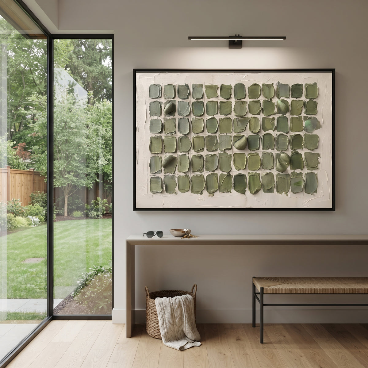 Sage Grid Plaster Blocks focuses on this hand-painted textured canvas features a grid of sage green plaster blocks on a white ground, rounded palette-knife patches, and structured handmade texture. The composition is described from the actual main image, so the visible subject, color balance, spacing, and surface movement stay specific to this product instead of reading like a batch title. Raised palette-knife layers, sculpted impasto ridges, softened brush transitions, and tactile handmade