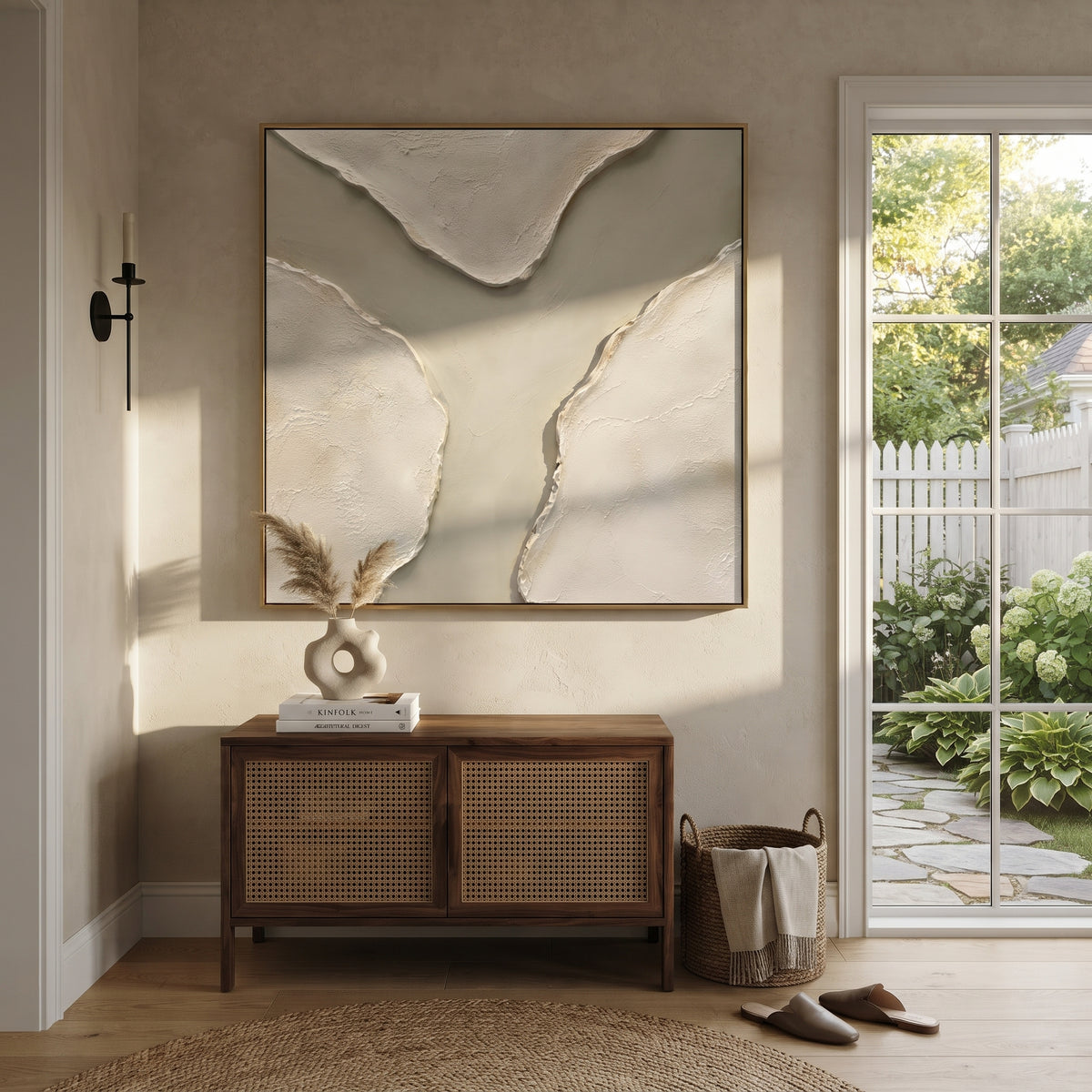 Soft Three Stone Relief focuses on this hand-painted textured canvas features three rounded stone-like plaster islands, pale mineral ground, raised white edges, and soft neutral surface texture. The composition is described from the actual main image, so the visible subject, color balance, spacing, and surface movement stay specific to this product instead of reading like a batch title. Raised palette-knife layers, sculpted impasto ridges, softened brush transitions, and tactile handmade texture