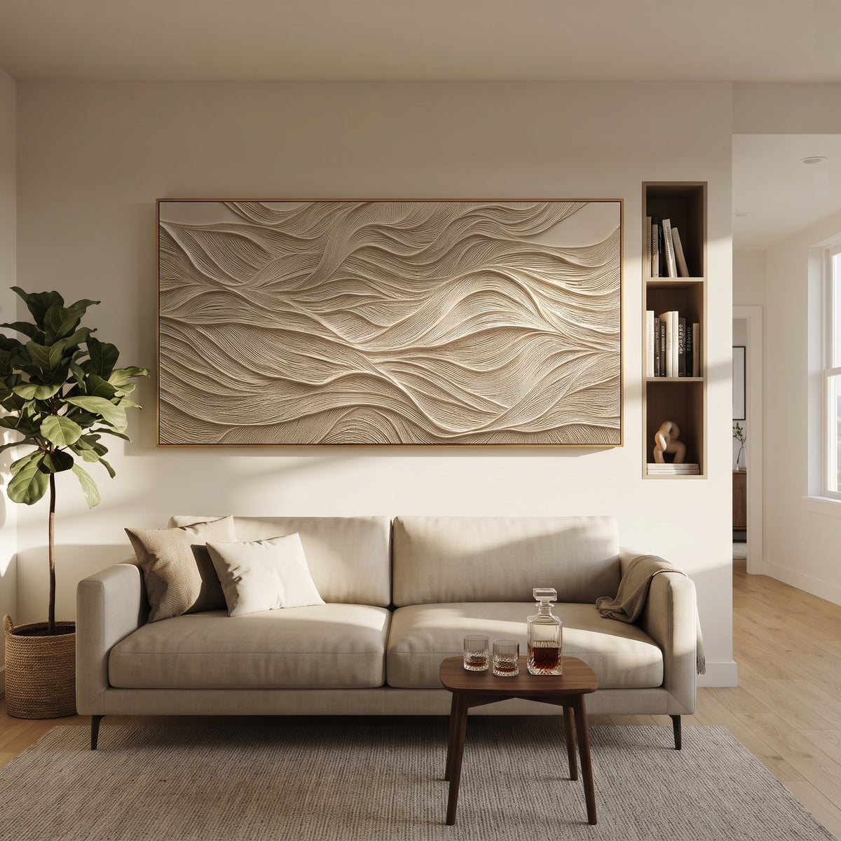 White Ribbed Landscape Relief focuses on this hand-painted textured canvas features layered white landform-like bands, fine ribbed vertical texture, raised ridges, and calm neutral topographic movement. The composition is described from the actual main image, so the visible subject, color balance, spacing, and surface movement stay specific to this product instead of reading like a batch title. Raised palette-knife layers, sculpted impasto ridges, softened brush transitions, and tactile handmade