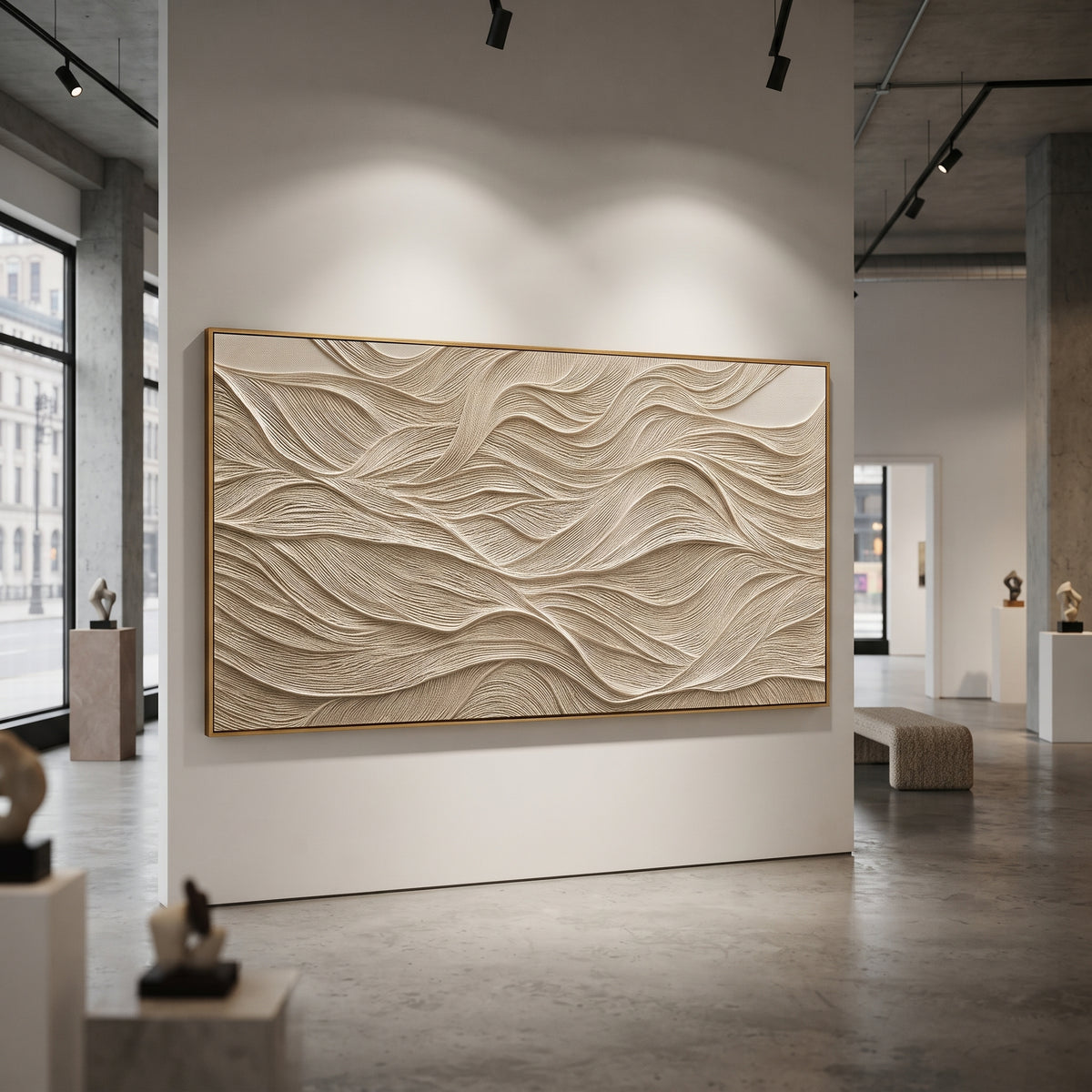 White Ribbed Landscape Relief focuses on this hand-painted textured canvas features layered white landform-like bands, fine ribbed vertical texture, raised ridges, and calm neutral topographic movement. The composition is described from the actual main image, so the visible subject, color balance, spacing, and surface movement stay specific to this product instead of reading like a batch title. Raised palette-knife layers, sculpted impasto ridges, softened brush transitions, and tactile handmade