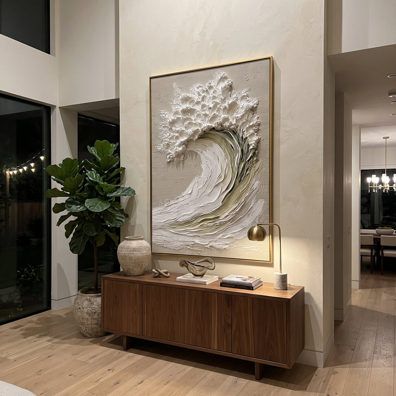 "White Floral Wave Relief" - Modern Heavy Impasto Ocean Wave Seascape | White & Green Palette Knife Painting | Luxury Vertical Wall Art #PT 1750