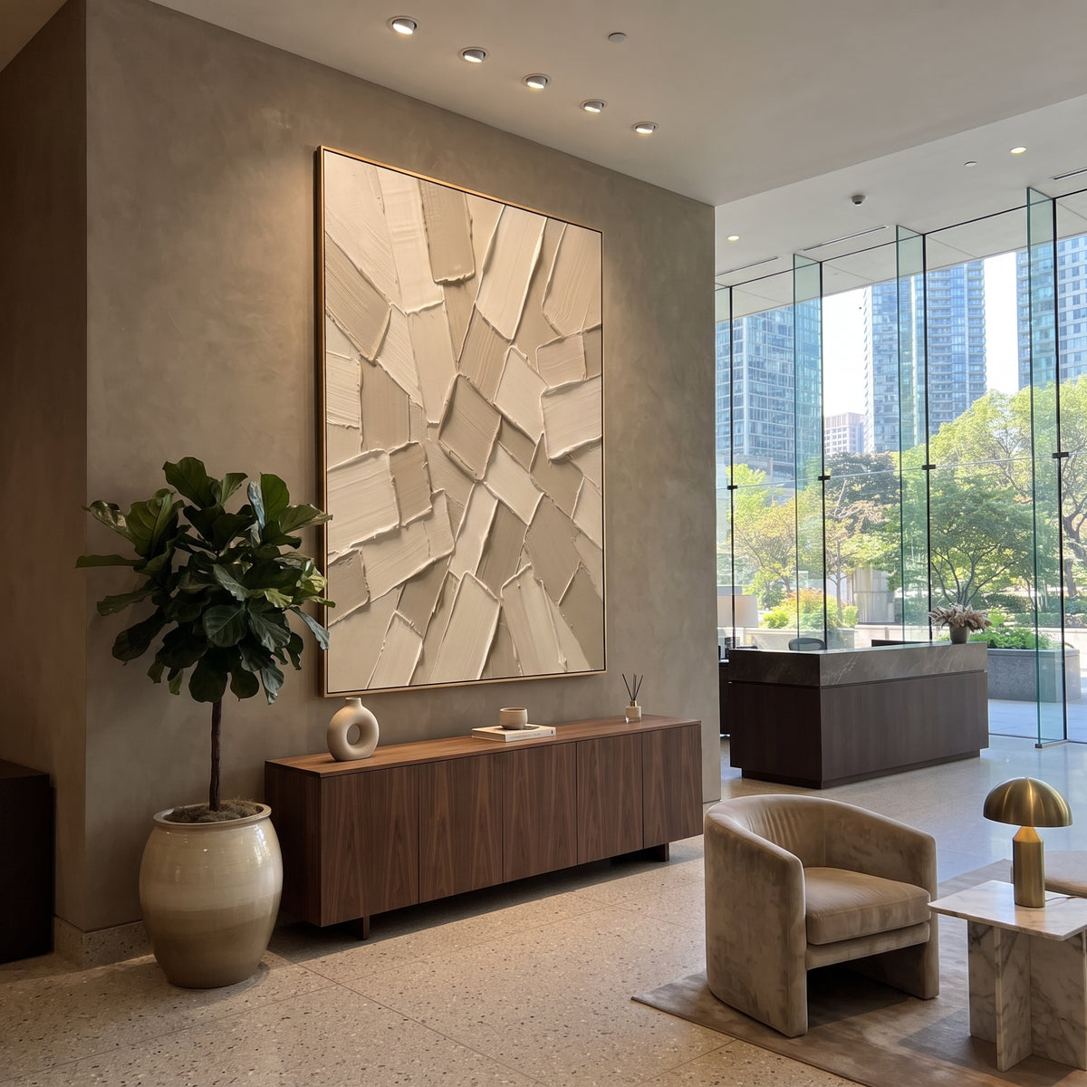 Neutral Plaster Tile Relief focuses on this hand-painted textured canvas features overlapping rectangular plaster tiles, warm ivory and beige tones, raised palette-knife edges, and quiet geometric texture. The composition is described from the actual main image, so the visible subject, color balance, spacing, and surface movement stay specific to this product instead of reading like a batch title. Raised palette-knife layers, sculpted impasto ridges, softened brush transitions, and tactile
