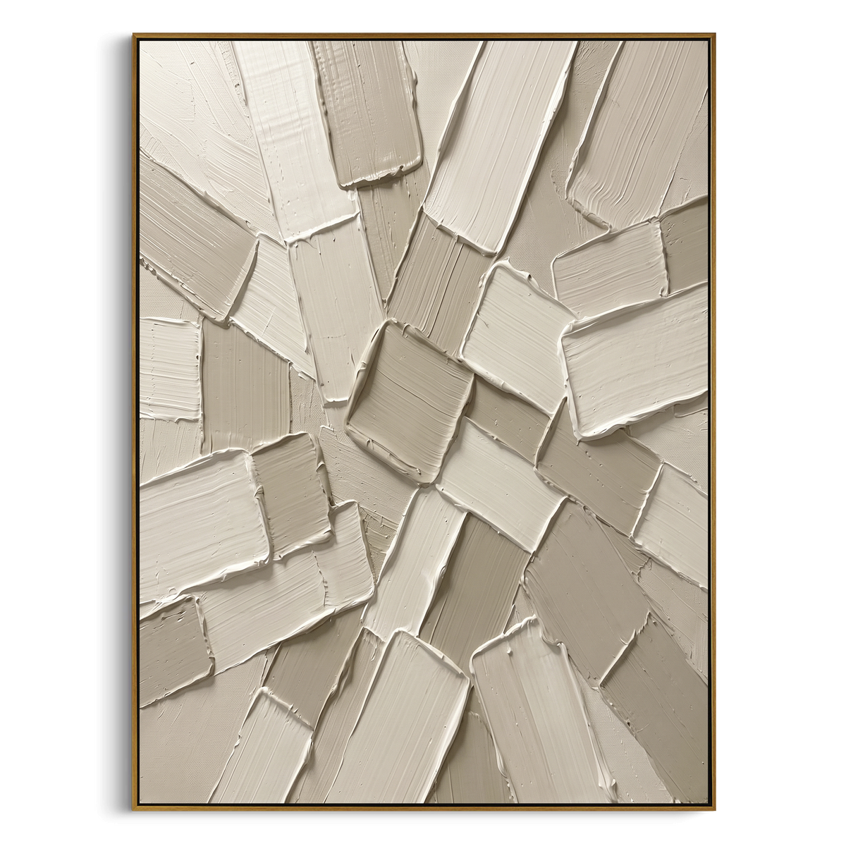 Neutral Plaster Tile Relief focuses on this hand-painted textured canvas features overlapping rectangular plaster tiles, warm ivory and beige tones, raised palette-knife edges, and quiet geometric texture. The composition is described from the actual main image, so the visible subject, color balance, spacing, and surface movement stay specific to this product instead of reading like a batch title. Raised palette-knife layers, sculpted impasto ridges, softened brush transitions, and tactile