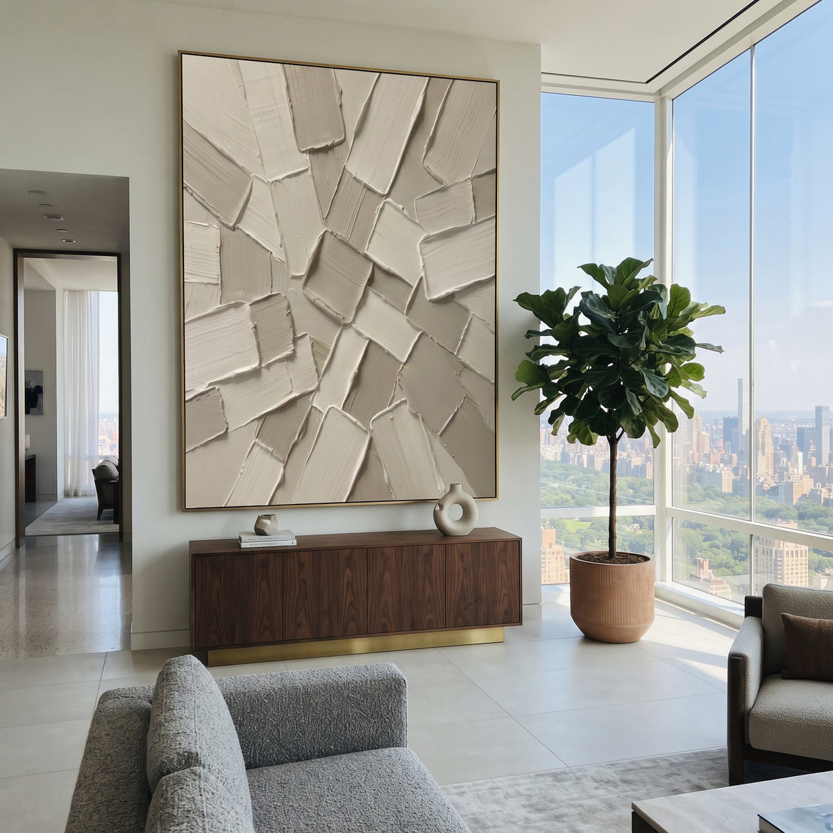 Neutral Plaster Tile Relief focuses on this hand-painted textured canvas features overlapping rectangular plaster tiles, warm ivory and beige tones, raised palette-knife edges, and quiet geometric texture. The composition is described from the actual main image, so the visible subject, color balance, spacing, and surface movement stay specific to this product instead of reading like a batch title. Raised palette-knife layers, sculpted impasto ridges, softened brush transitions, and tactile