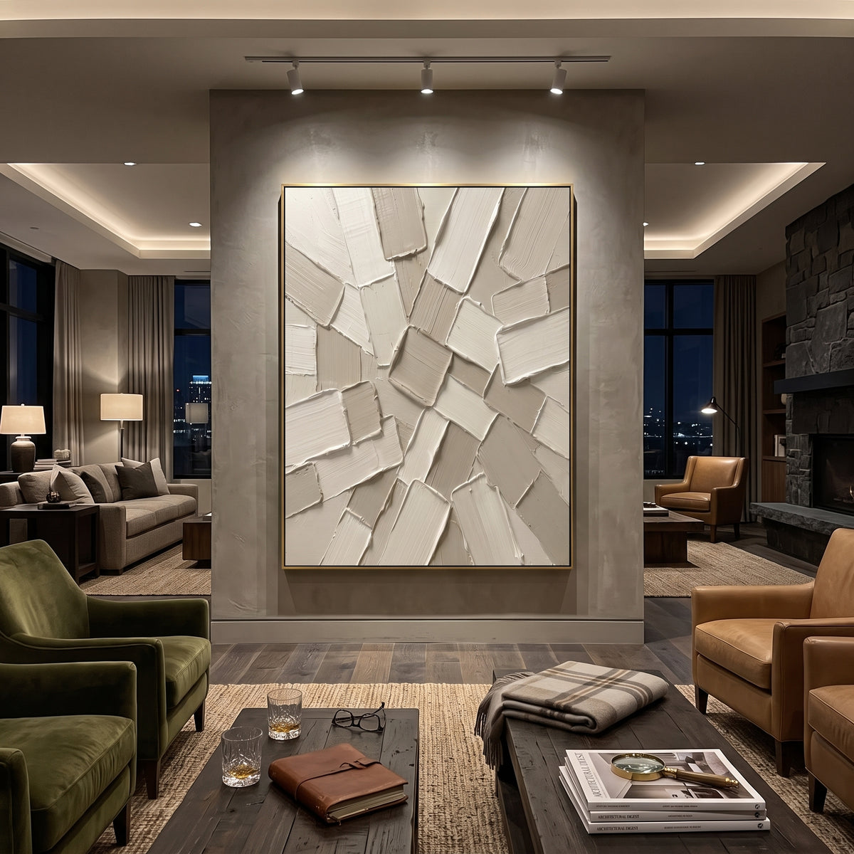 Neutral Plaster Tile Relief focuses on this hand-painted textured canvas features overlapping rectangular plaster tiles, warm ivory and beige tones, raised palette-knife edges, and quiet geometric texture. The composition is described from the actual main image, so the visible subject, color balance, spacing, and surface movement stay specific to this product instead of reading like a batch title. Raised palette-knife layers, sculpted impasto ridges, softened brush transitions, and tactile