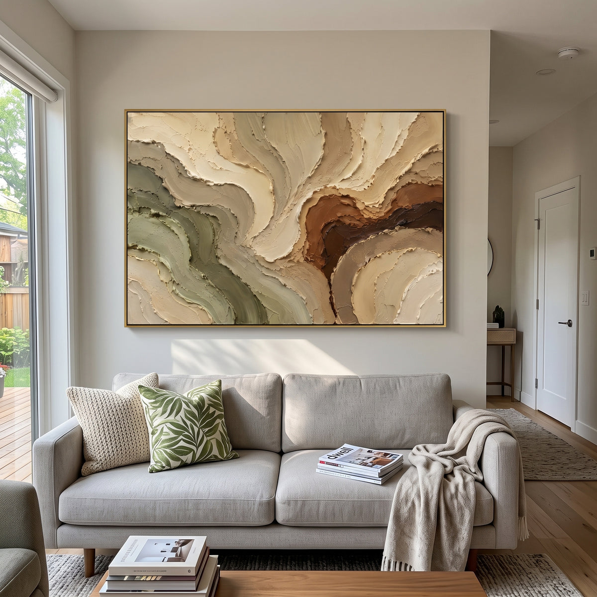 Warm Earth Flow Relief focuses on this hand-painted textured canvas features warm earth-toned flowing plaster forms, sage green and brown bands, carved raised edges, and organic terrain-like motion. The composition is described from the actual main image, so the visible subject, color balance, spacing, and surface movement stay specific to this product instead of reading like a batch title. Raised palette-knife layers, sculpted impasto ridges, softened brush transitions, and tactile handmade