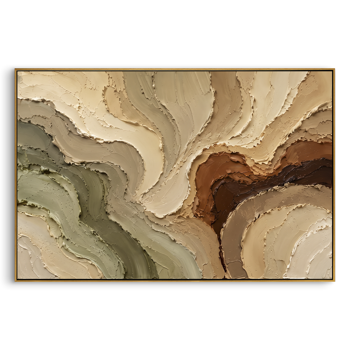 Warm Earth Flow Relief focuses on this hand-painted textured canvas features warm earth-toned flowing plaster forms, sage green and brown bands, carved raised edges, and organic terrain-like motion. The composition is described from the actual main image, so the visible subject, color balance, spacing, and surface movement stay specific to this product instead of reading like a batch title. Raised palette-knife layers, sculpted impasto ridges, softened brush transitions, and tactile handmade